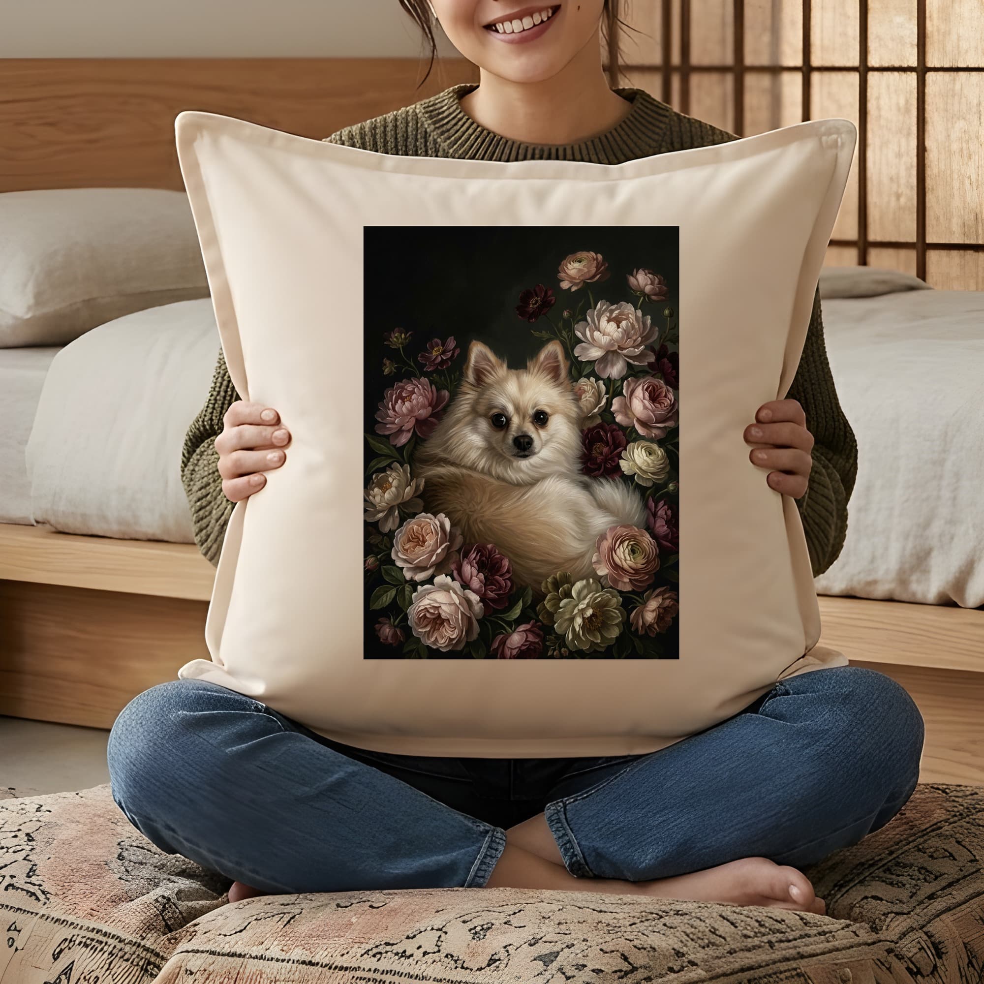 ポメラニアンの花の油絵風アート花柄クッション 3