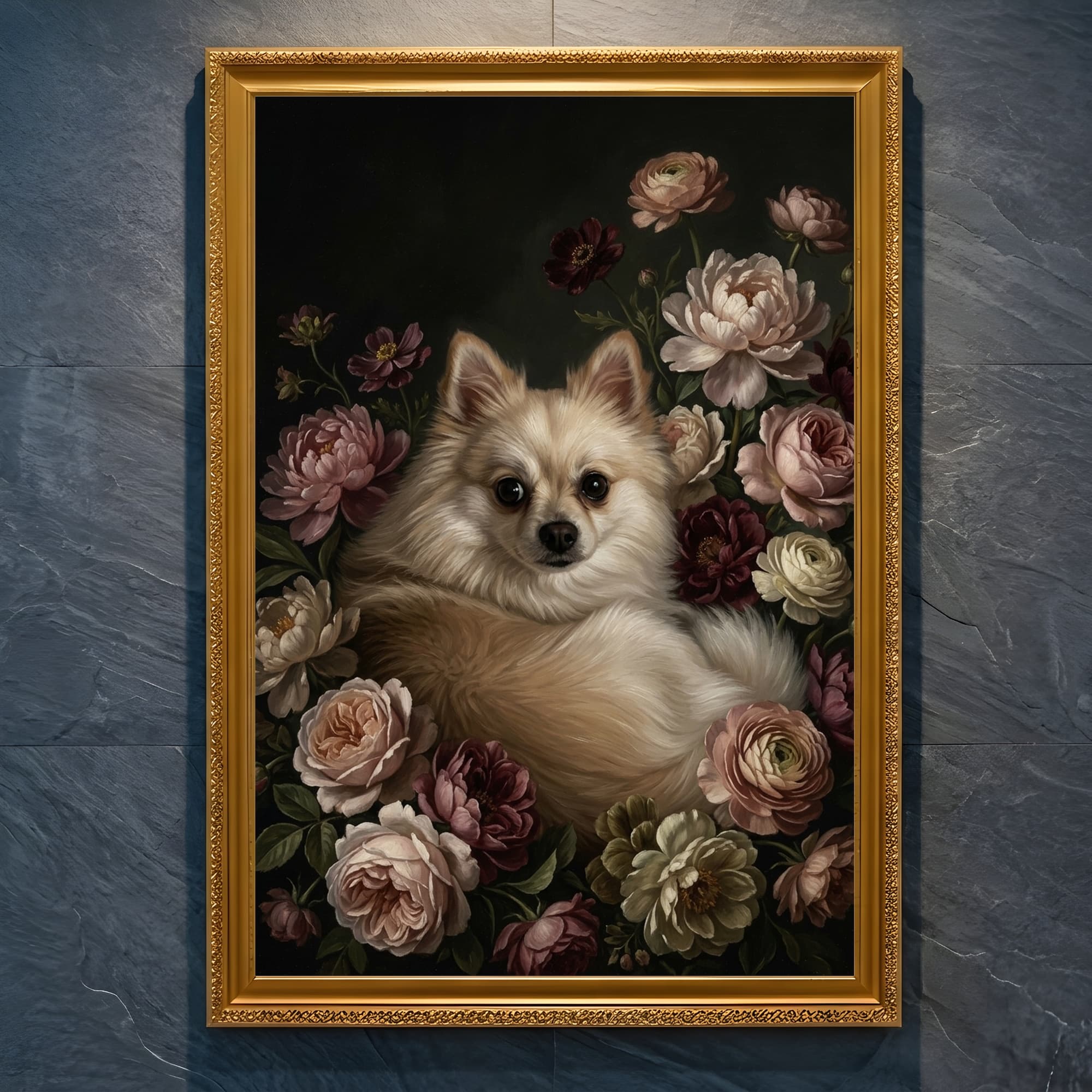 ポメラニアンの花の油絵風アート花柄額装プリント(A4金縁)