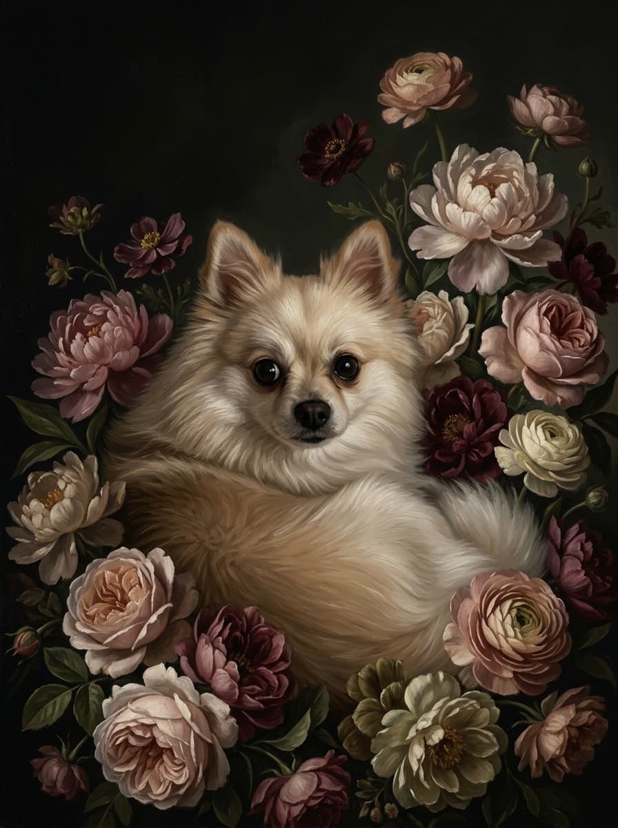 ポメラニアンの花の油絵風アート花柄額装プリント(A4金縁) 4