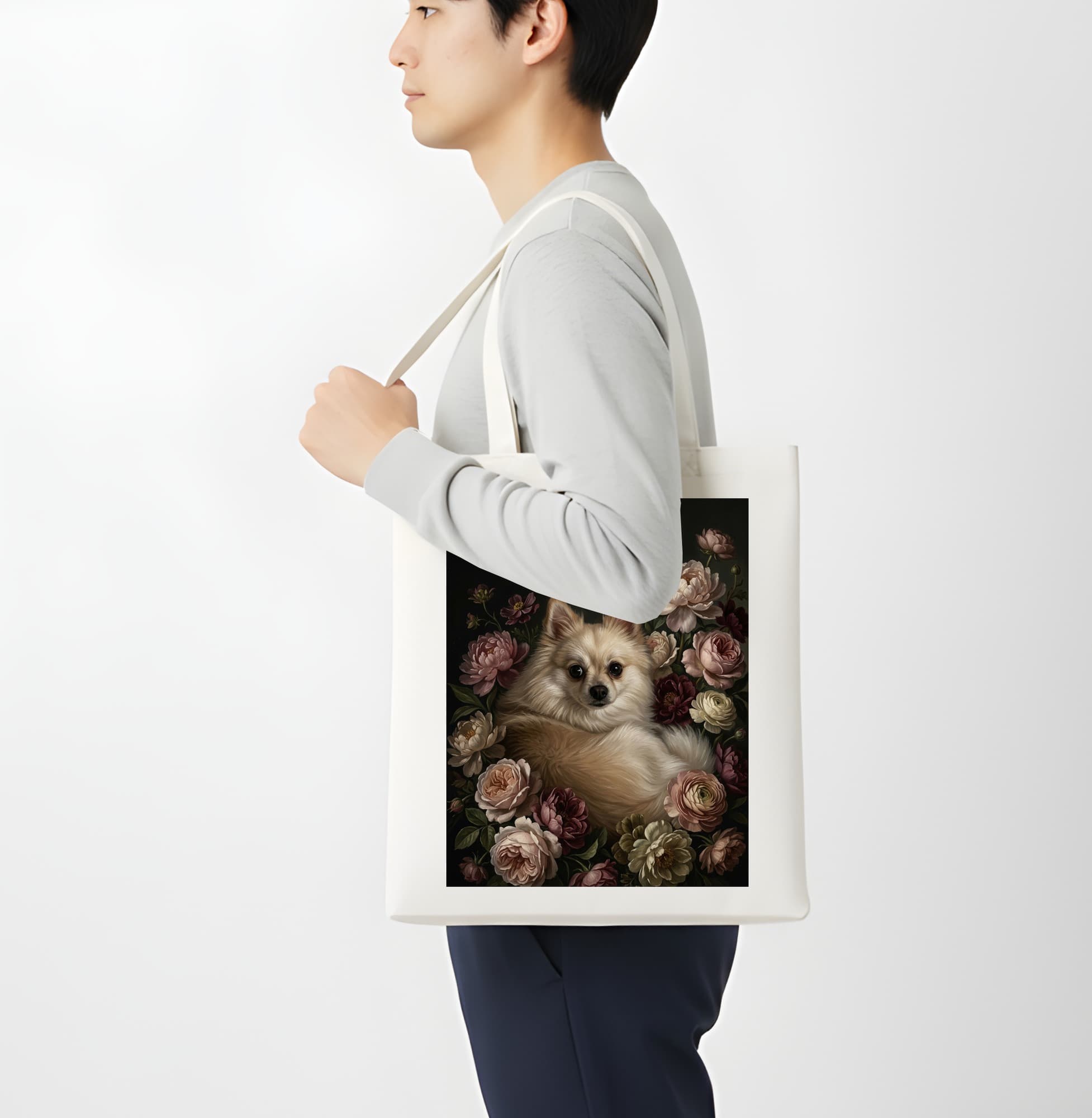 Pomeranian Floral Oil-Painting Floral Tote Bag 4