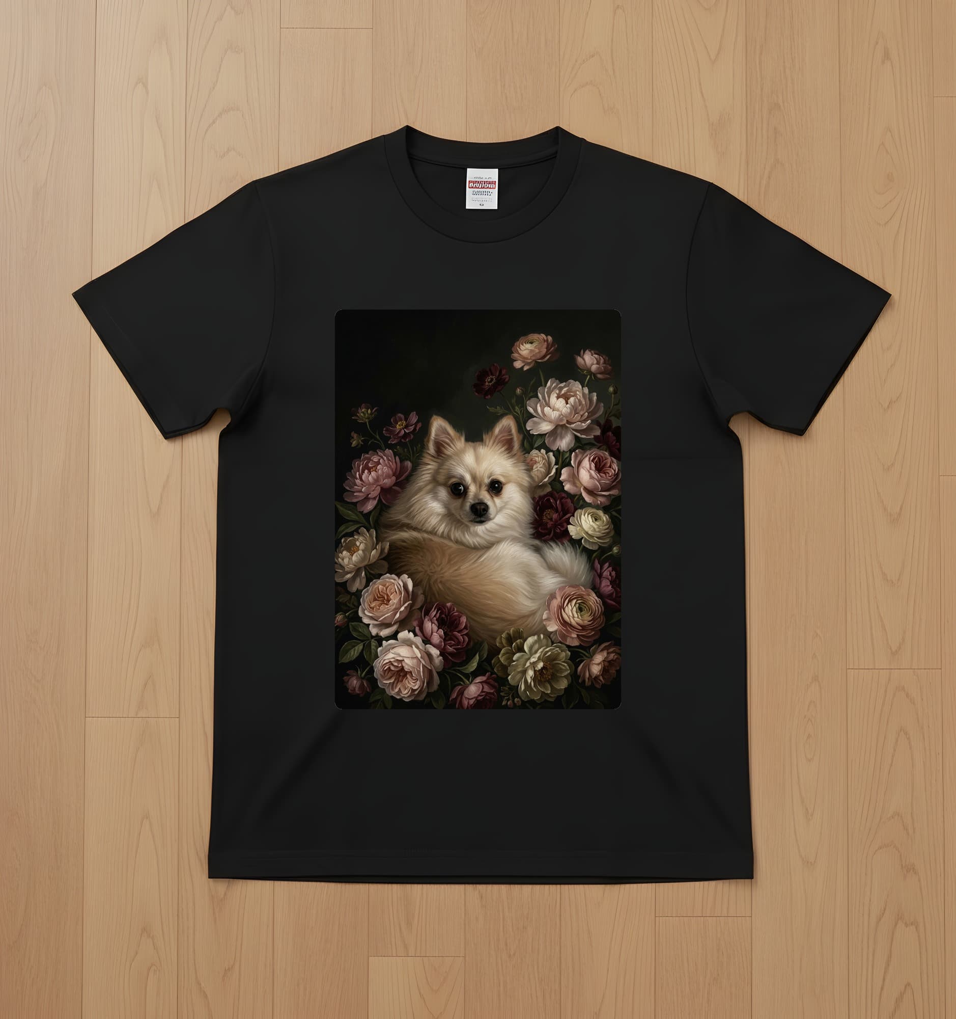 ポメラニアンの花の油絵風アート花柄Tシャツ(ブラック)