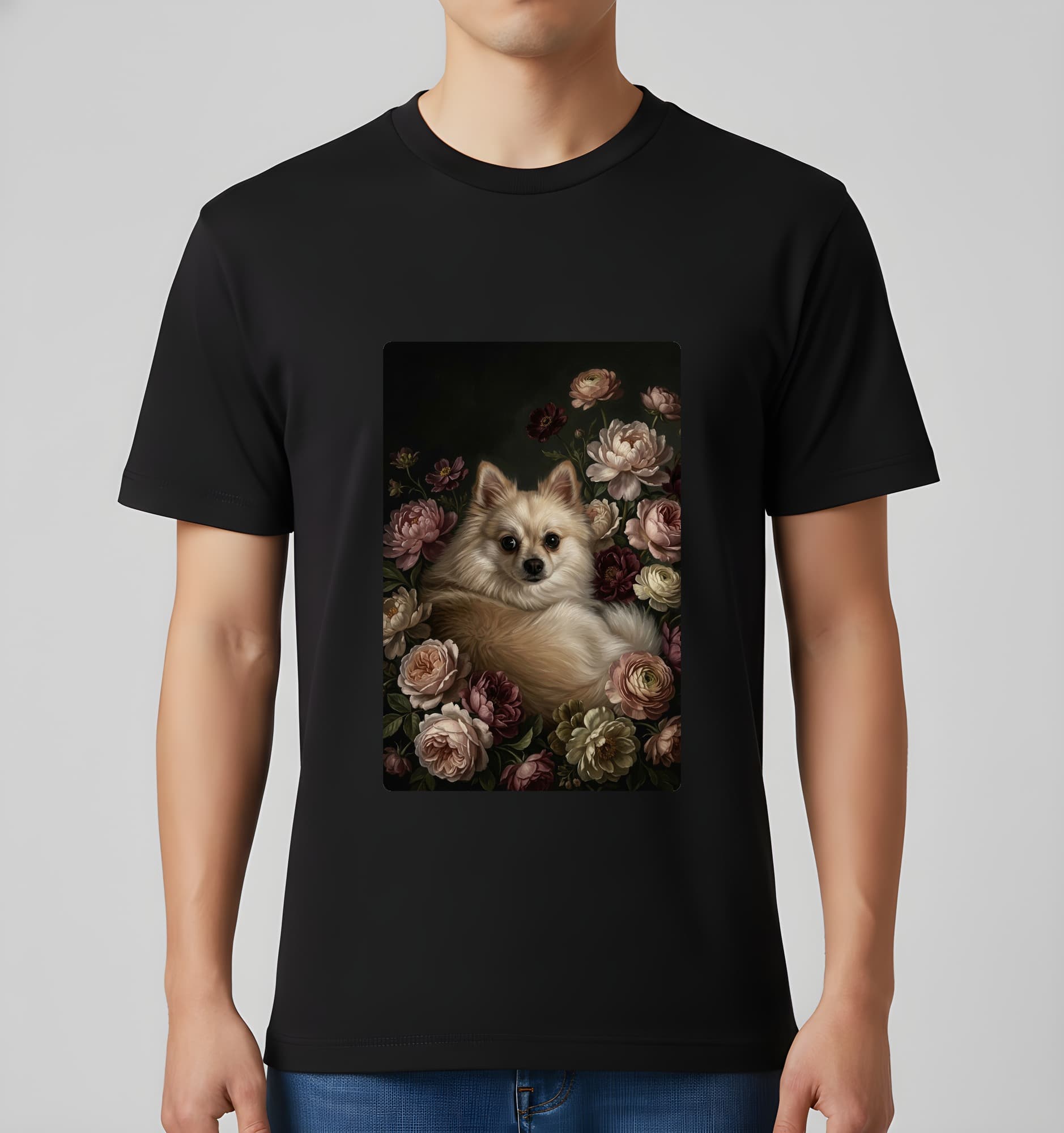 ポメラニアンの花の油絵風アート花柄Tシャツ(ブラック) 3