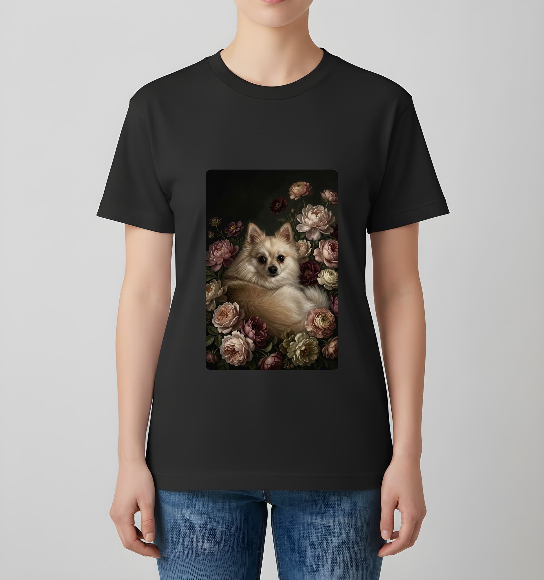 ポメラニアンの花の油絵風アート花柄Tシャツ(ブラック) 4
