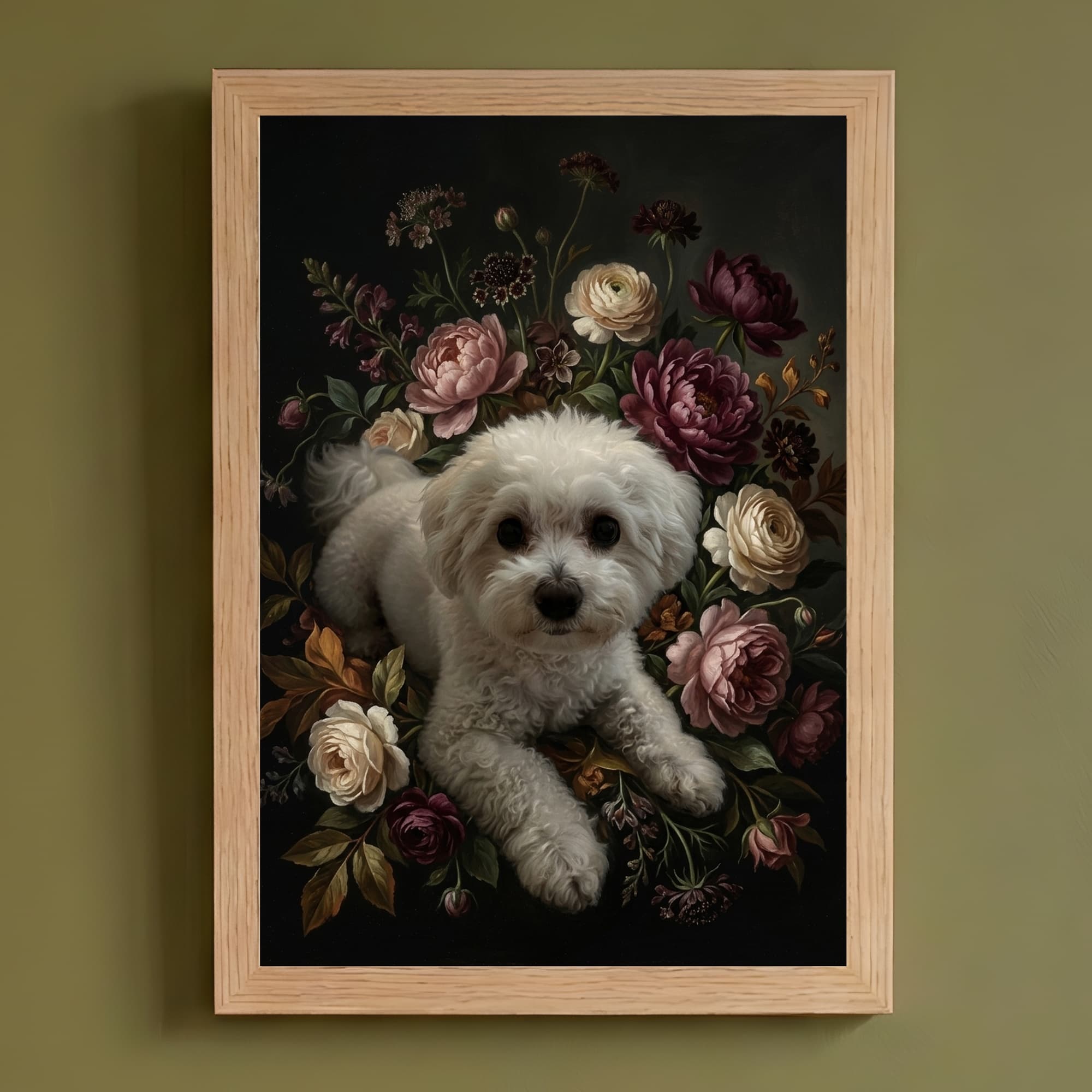 ビションフリーゼの花の油絵風アート花柄額装プリント(A4サイズ)