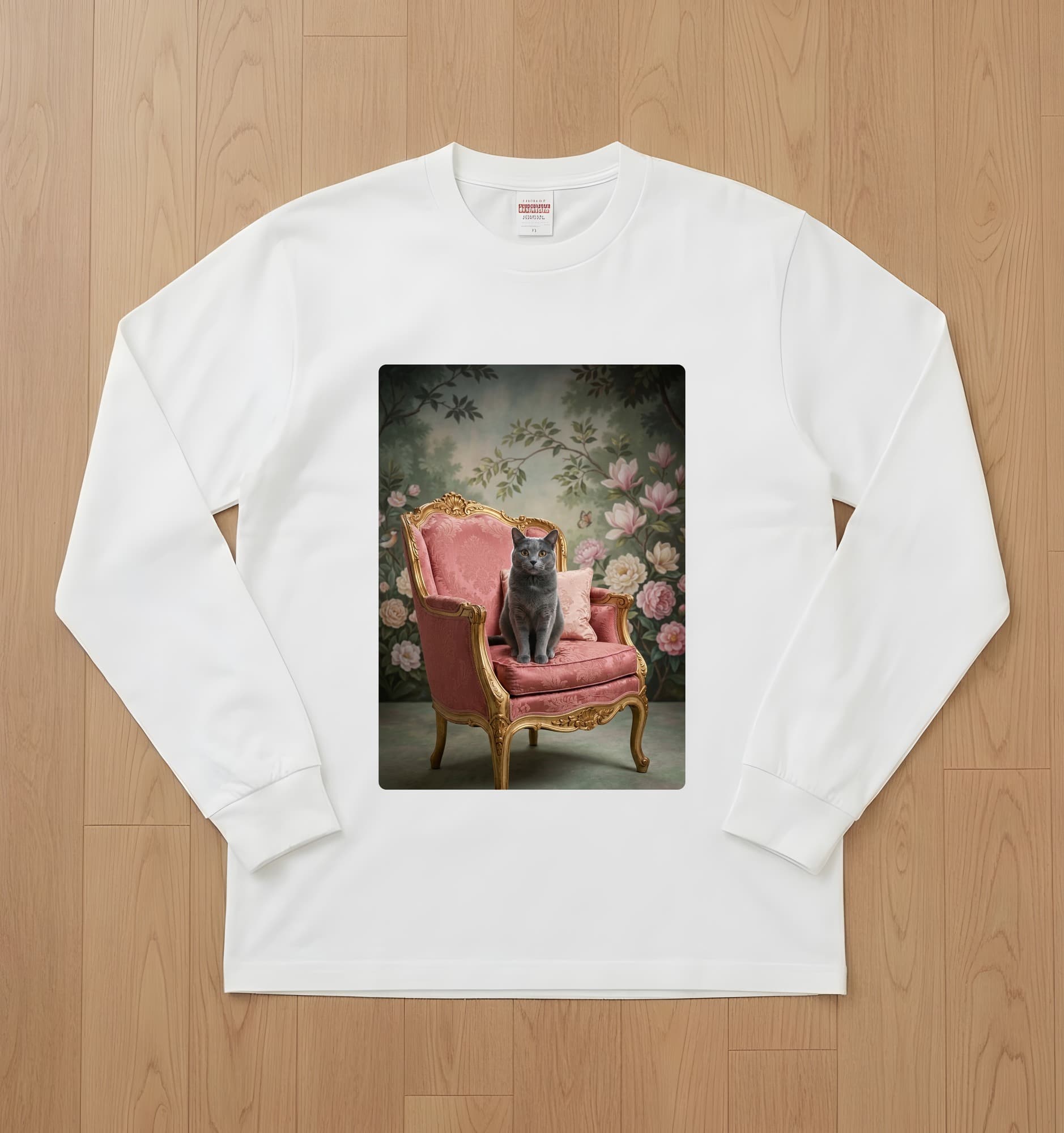 Chartreux Shabby Pink Oil-Painting Rococo Long Sleeve T-Shirt (White)