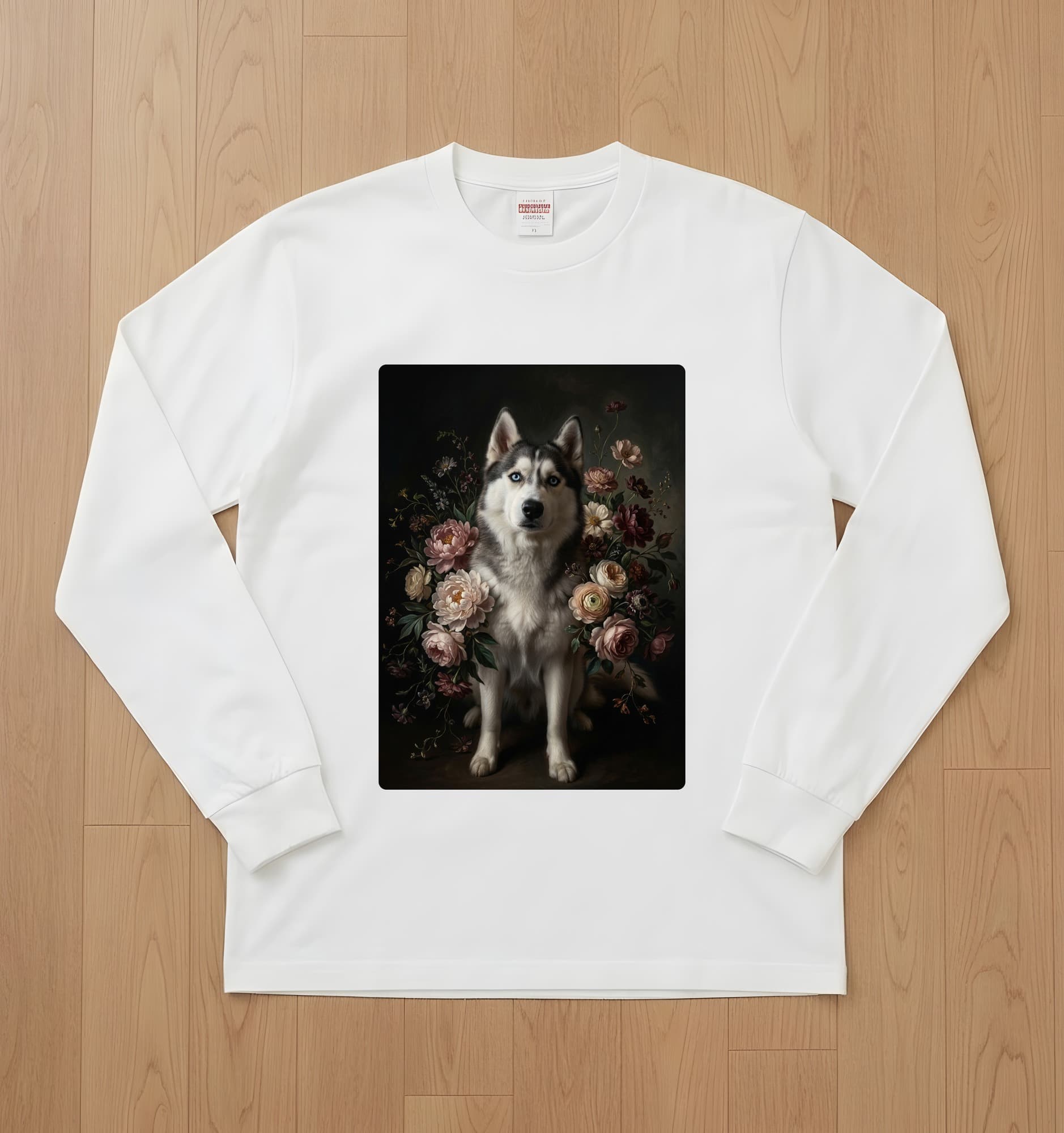 Siberian husky Floral Oil-Painting Floral Long Sleeve T-Shirt (White)