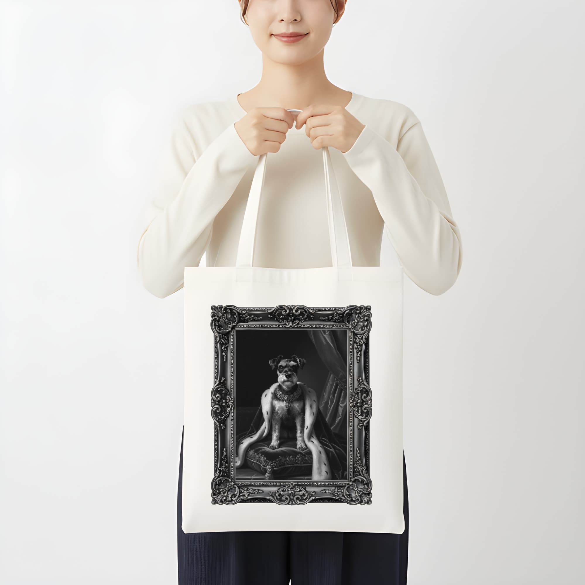 ミニチュアシュナウザーのルネサンス肖像画トートバッグ(モノクロプリント・額縁デザインあり) 3