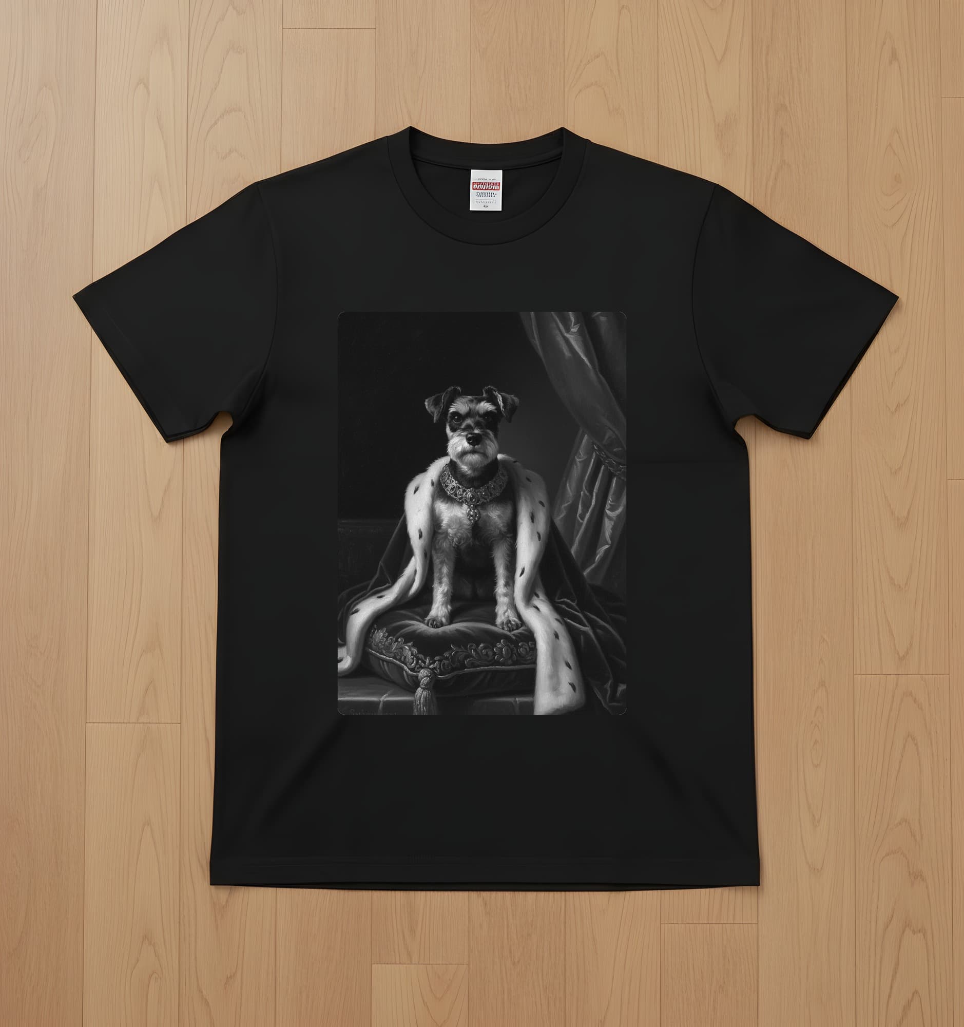 ミニチュアシュナウザーのルネサンス肖像画Tシャツ(ブラック・モノクロプリント・額縁なし)