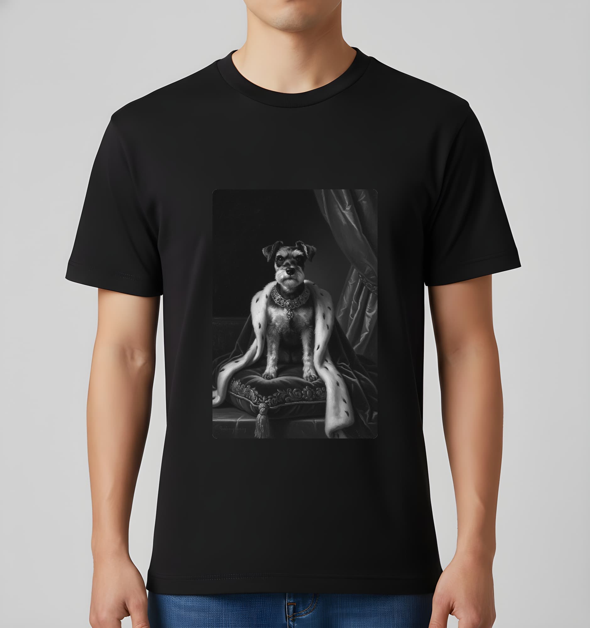 ミニチュアシュナウザーのルネサンス肖像画Tシャツ(ブラック・モノクロプリント・額縁なし) 3