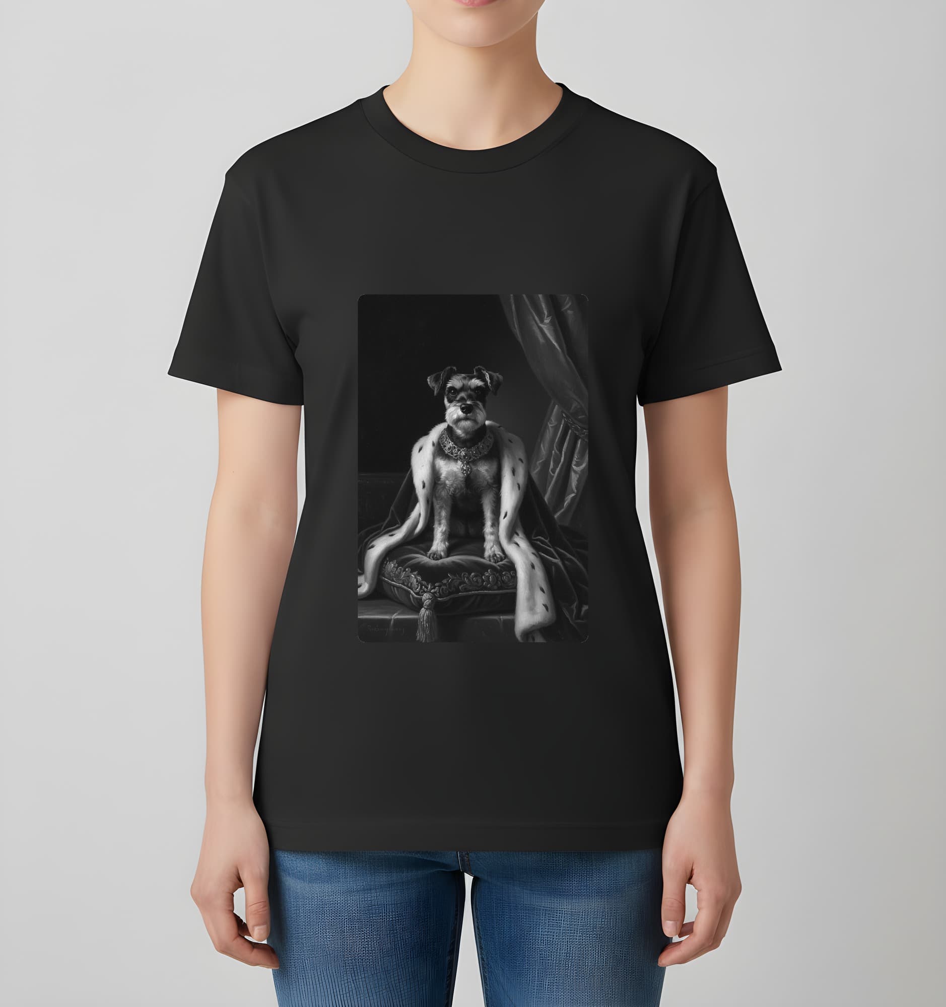 ミニチュアシュナウザーのルネサンス肖像画Tシャツ(ブラック・モノクロプリント・額縁なし) 4