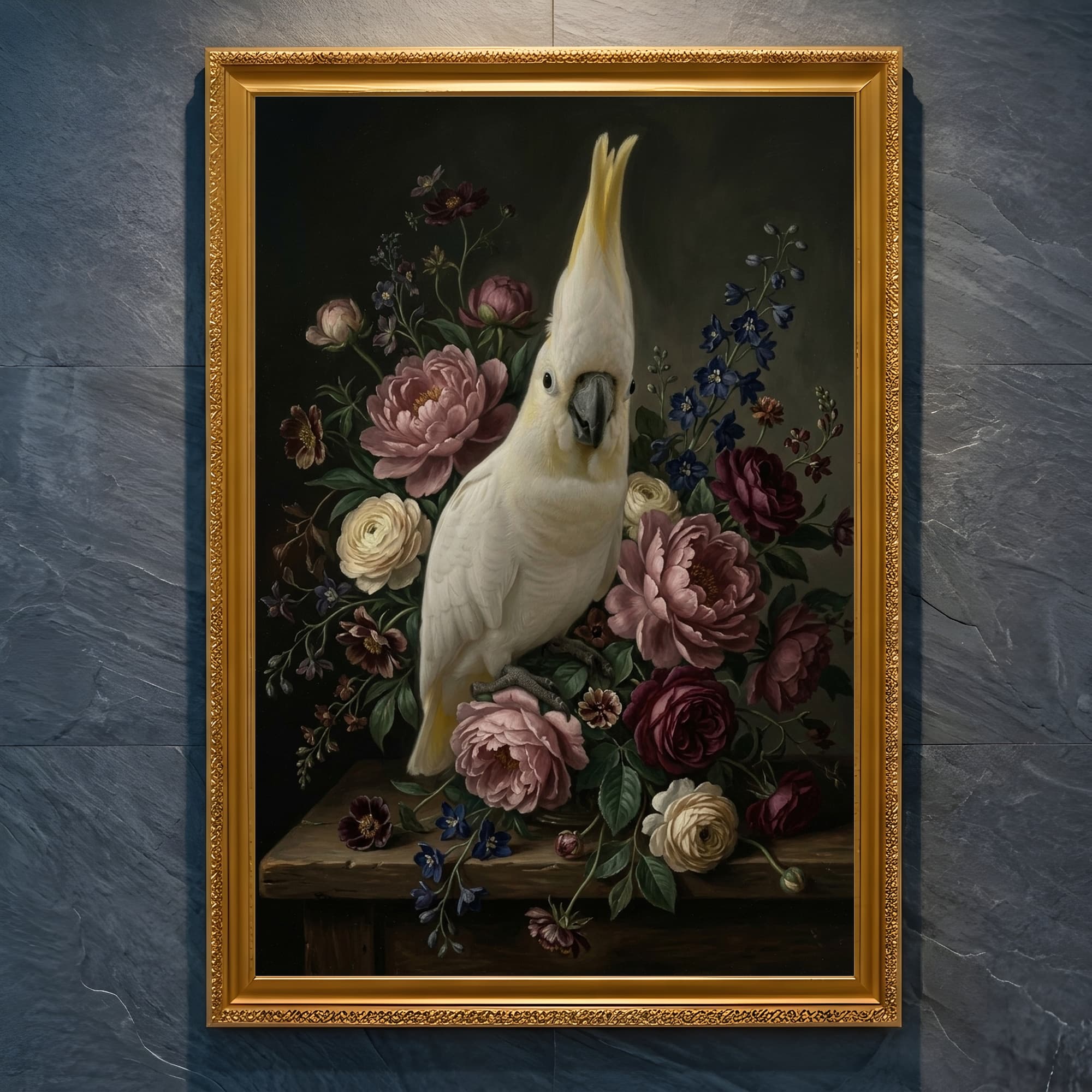 Sulphur-crested Cockatoo Floral Oil-Painting Floral Framed Art Print (A4 Gold)