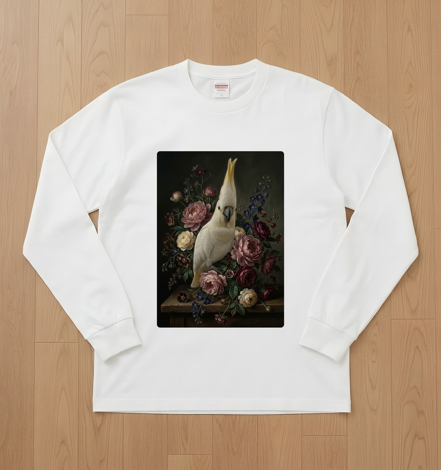 キバタンの花の油絵風アート花柄長袖Tシャツ(ホワイト)