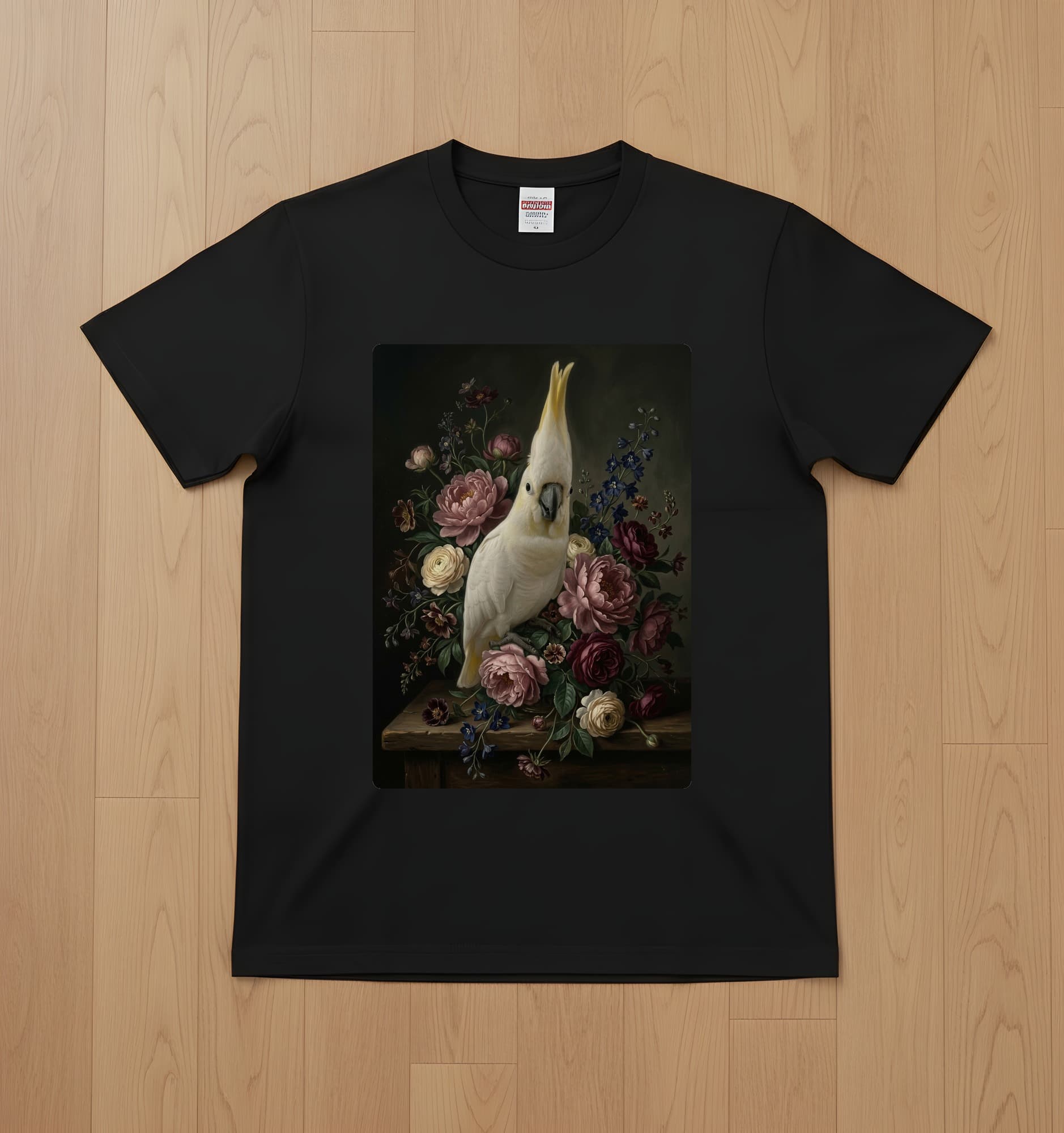 キバタンの花の油絵風アート花柄Tシャツ(ブラック)