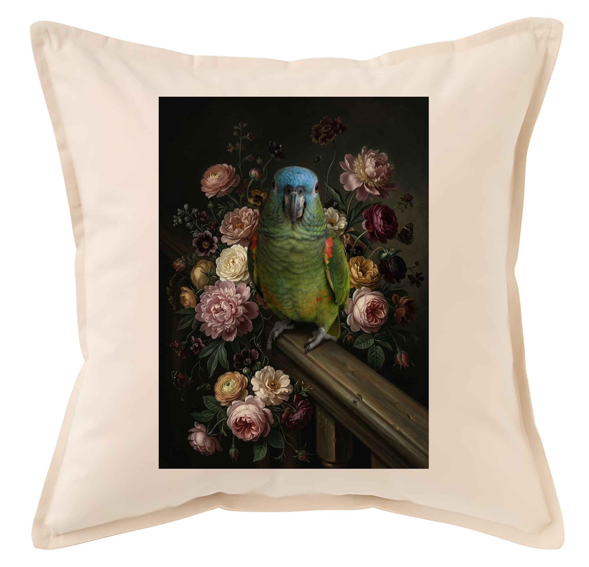 アオボウシインコの花の油絵風アート花柄クッション