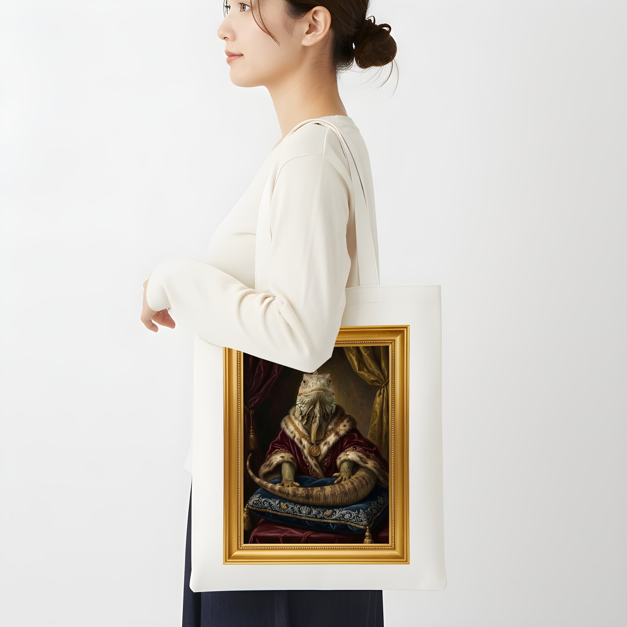 Rhinoceros Iguana Renaissance Portrait Tote Bag (Color Print, Framed Design) 2