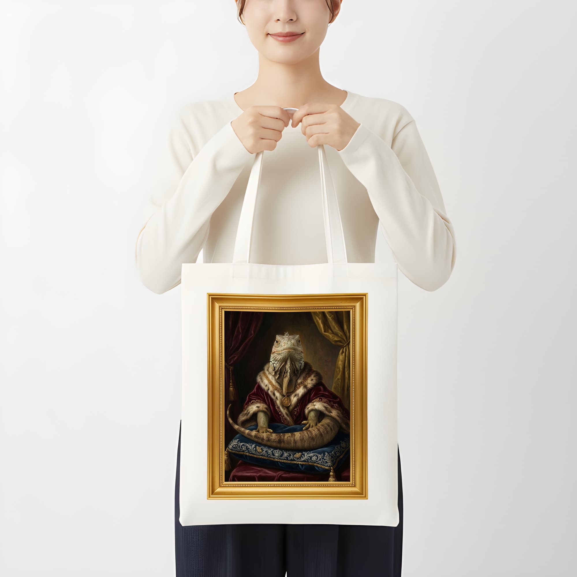 Rhinoceros Iguana Renaissance Portrait Tote Bag (Color Print, Framed Design) 3