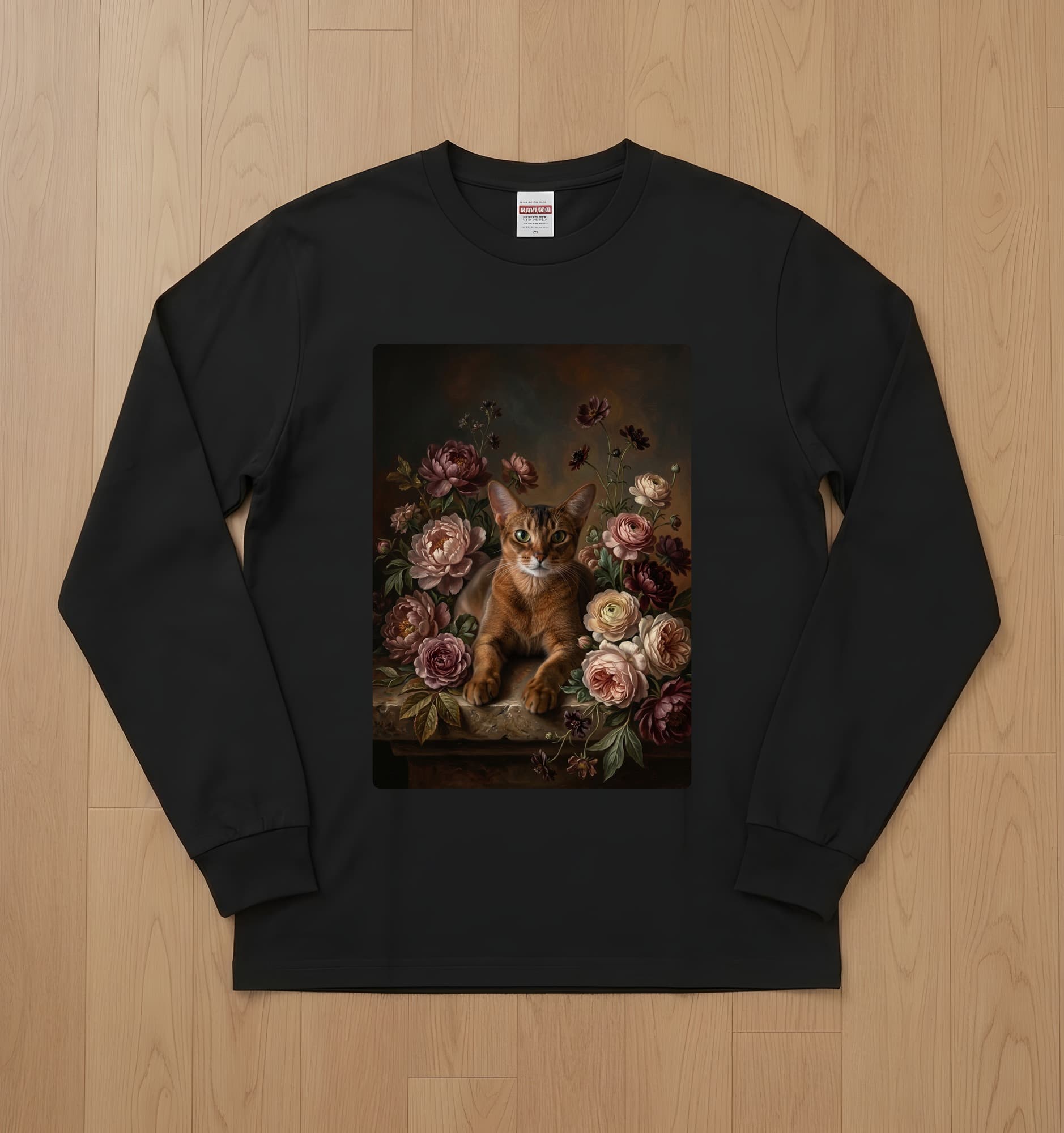 アビシニアンの花の油絵風アート花柄長袖Tシャツ(ブラック)