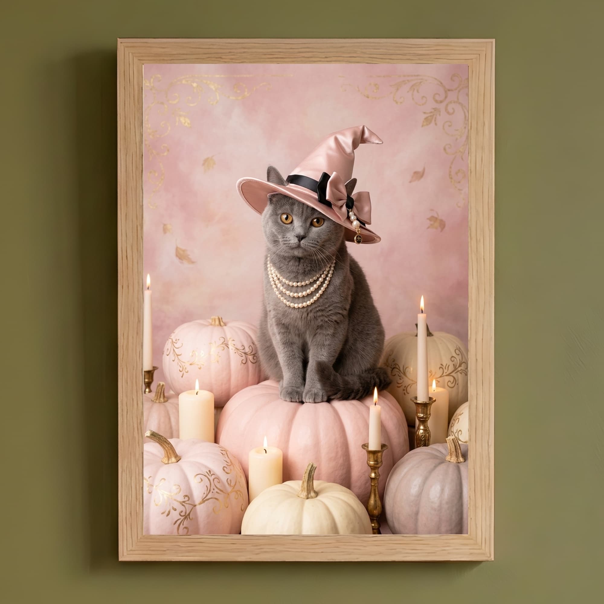 British Shorthair Pumpkin & Candlelight Oil-Painting Halloween Framed Art Print (A4)