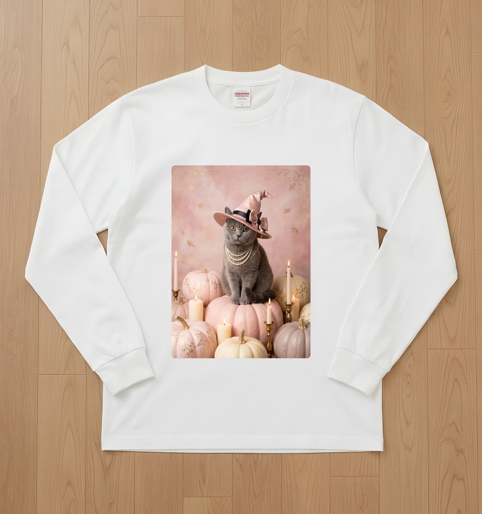 British Shorthair Pumpkin & Candlelight Oil-Painting Halloween Long Sleeve T-Shirt (White)