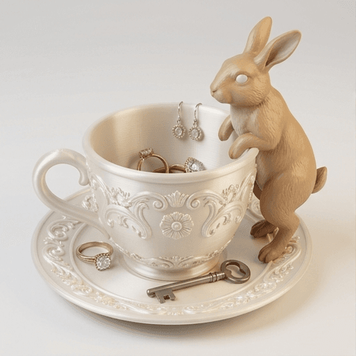 Tan rabbit Renaissance Portrait Trinket Tray (Pearl White)