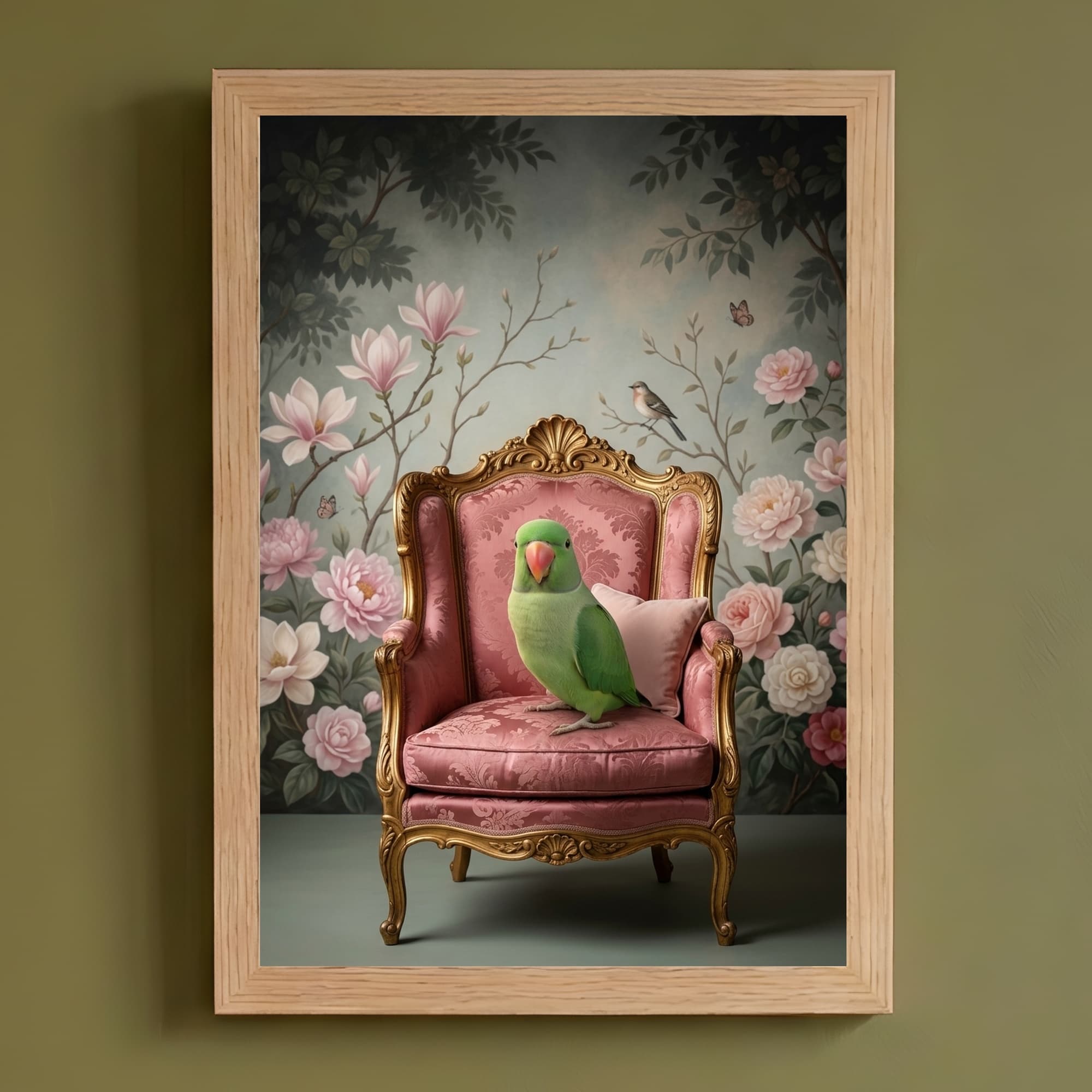 ワカケホンセイインコのシャビーピンクの油絵風アートロココ調額装プリント(A4サイズ)