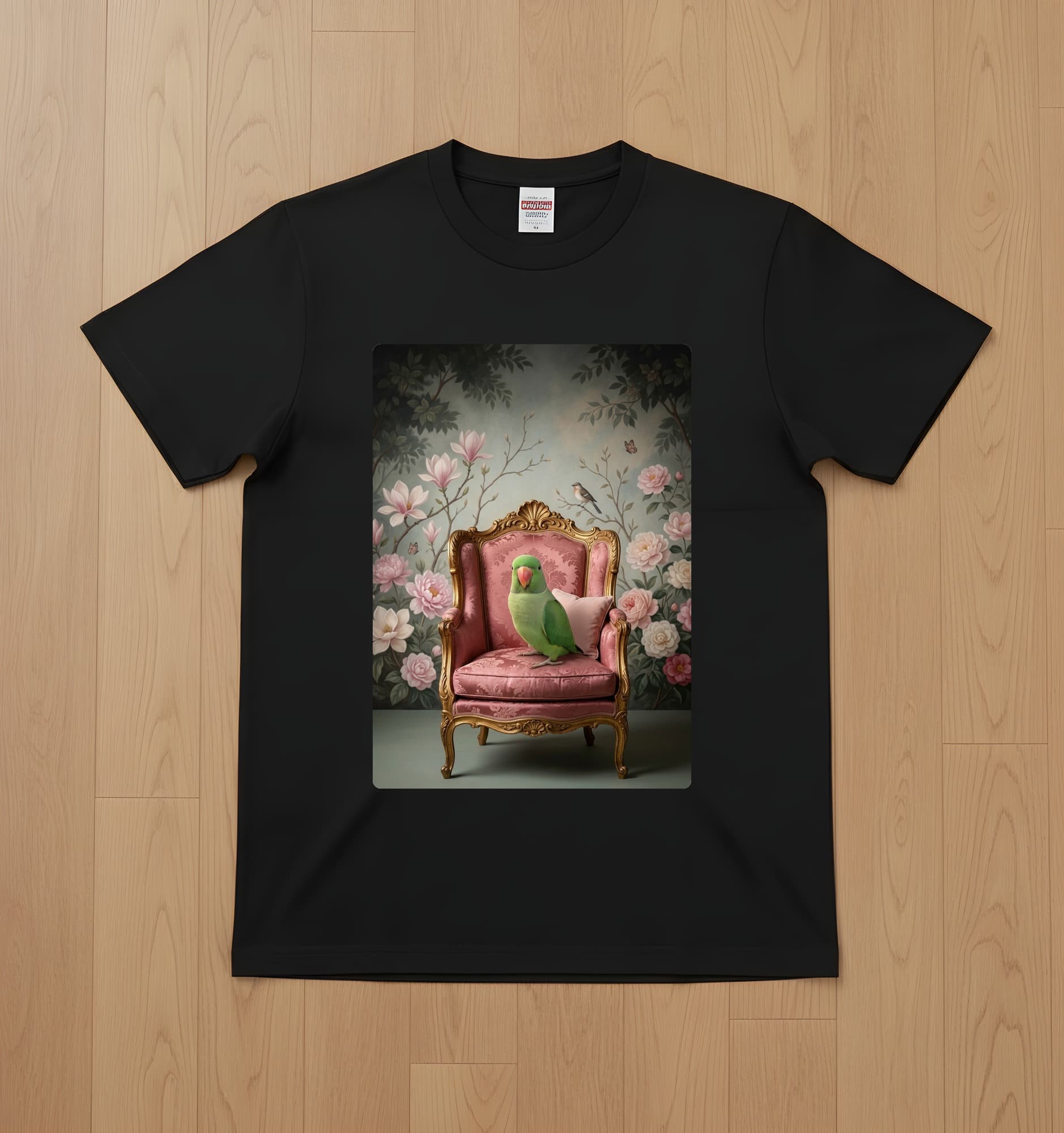 Rose-ringed Parakeet Shabby Pink Oil-Painting Rococo T-Shirt (Black)