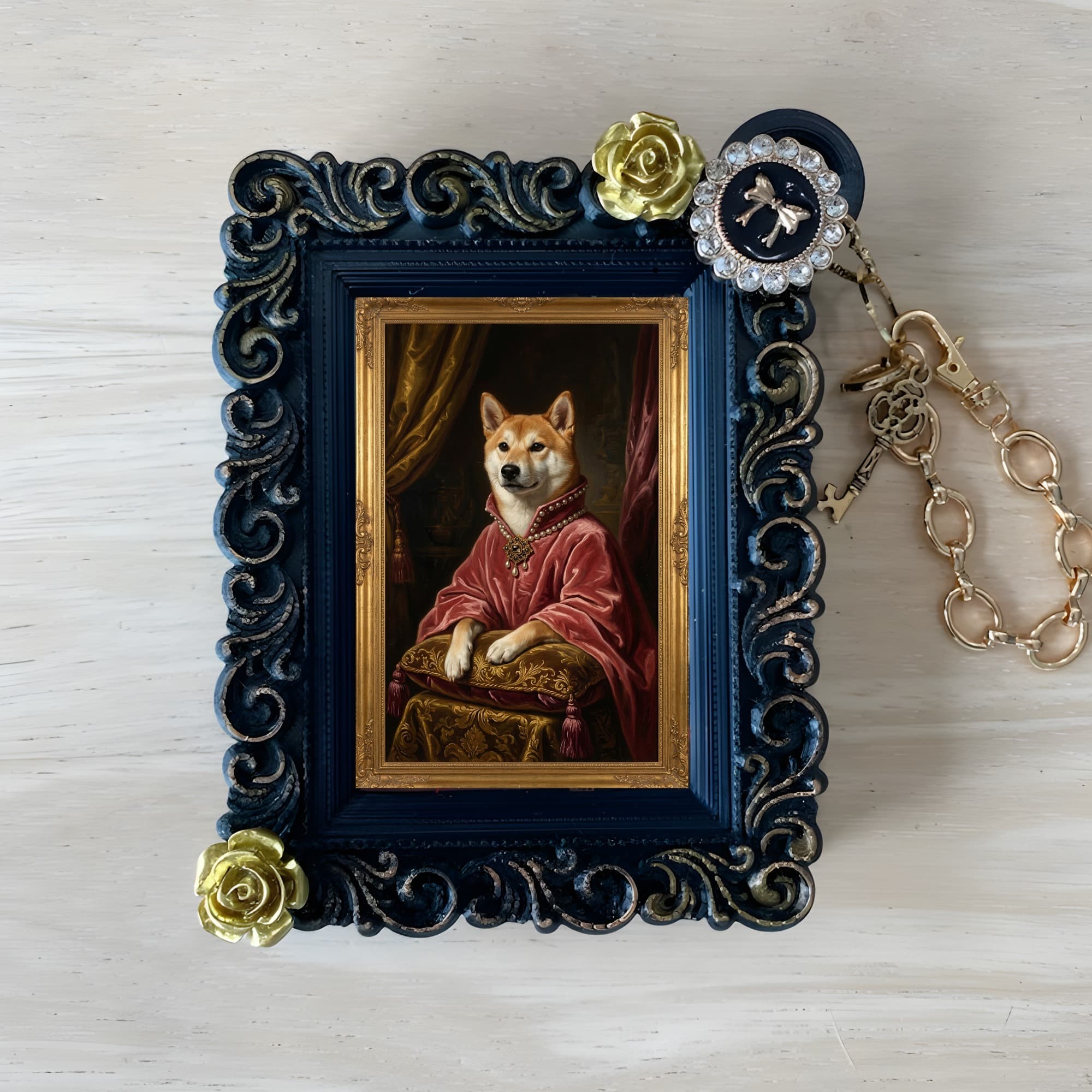 柴犬のルネサンス肖像画バッグチャーム(ブラック)