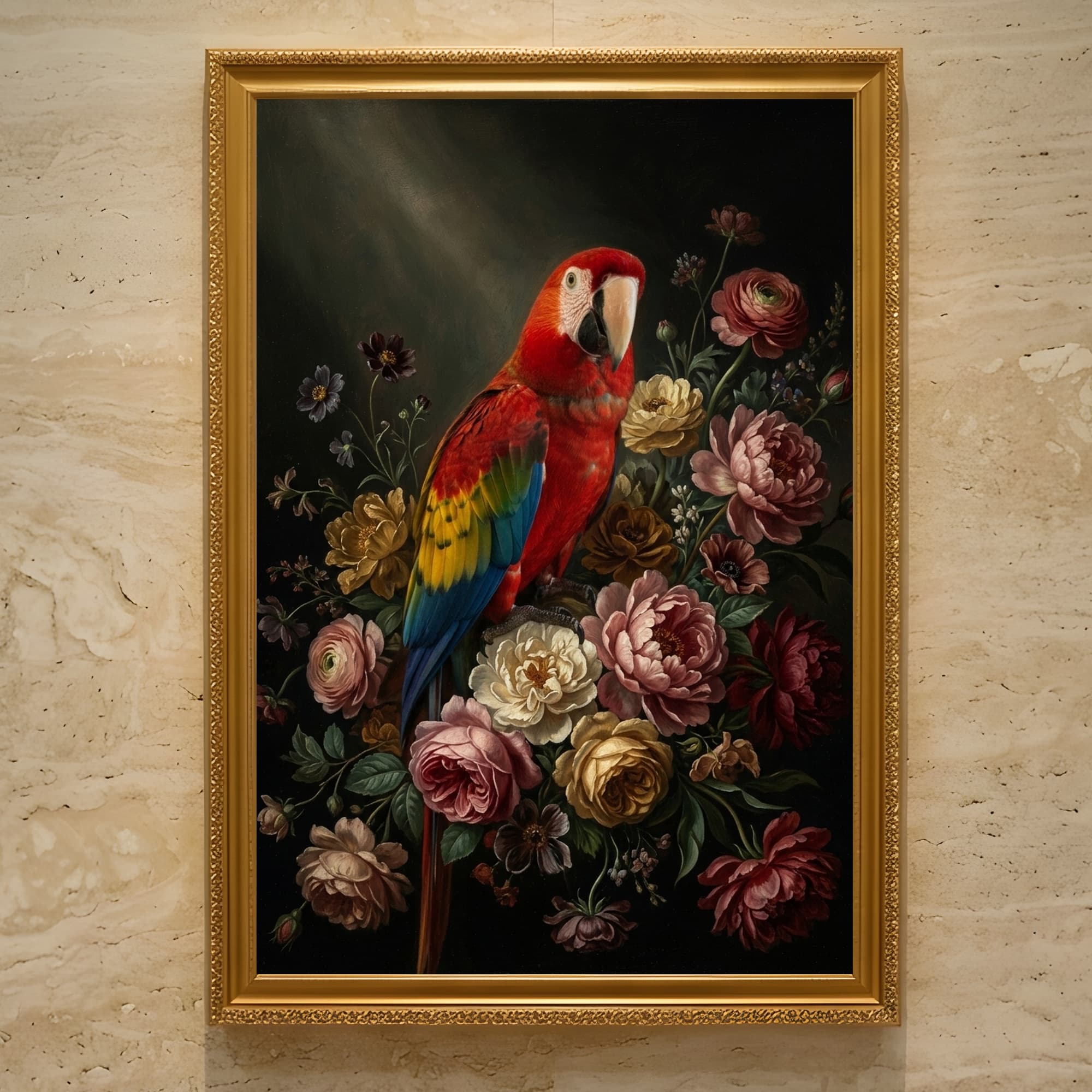 コンゴウインコの花の油絵風アート花柄額装プリント(A3サイズ)