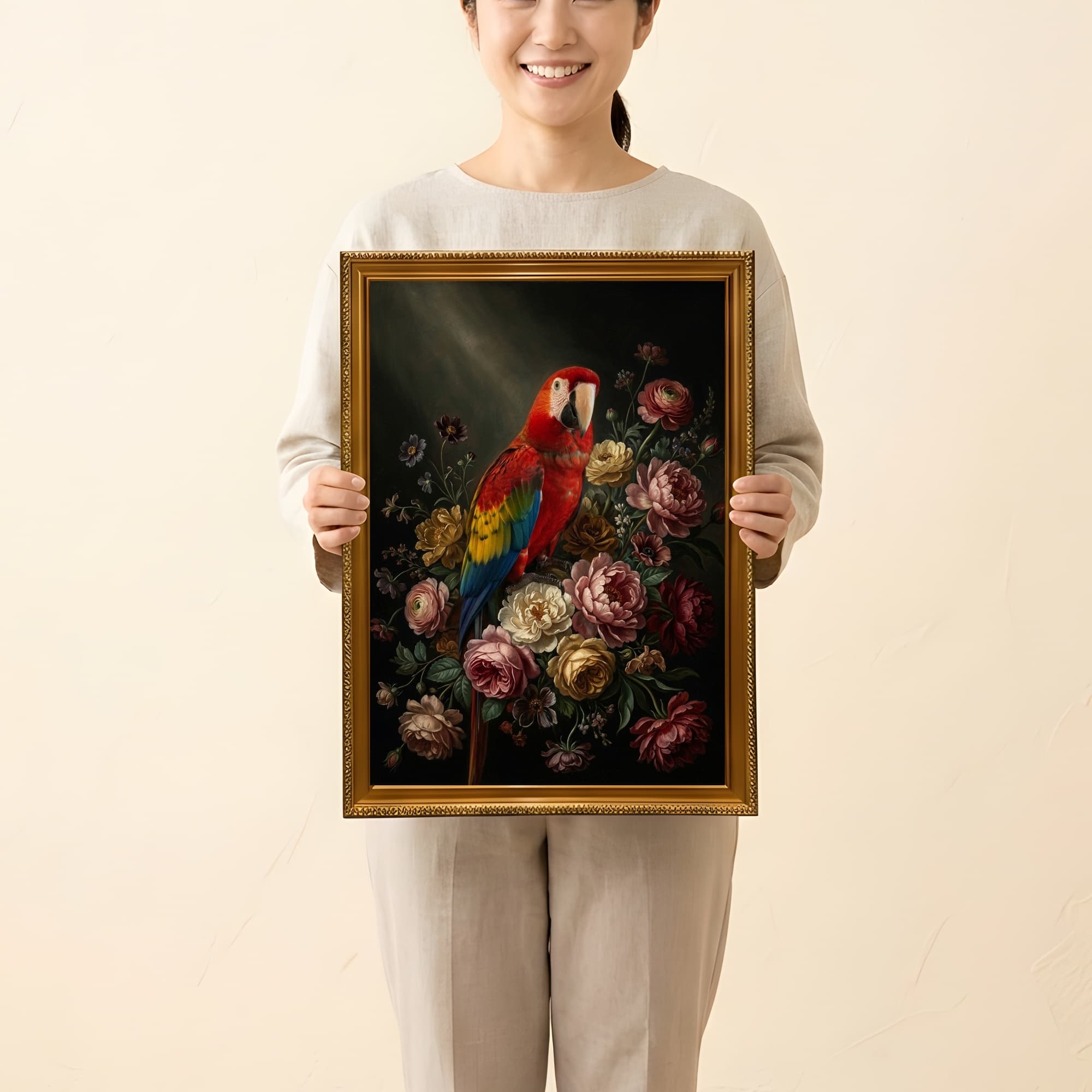 コンゴウインコの花の油絵風アート花柄額装プリント(A3サイズ) 2