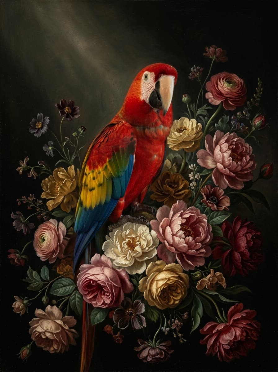コンゴウインコの花の油絵風アート花柄額装プリント(A3サイズ) 4