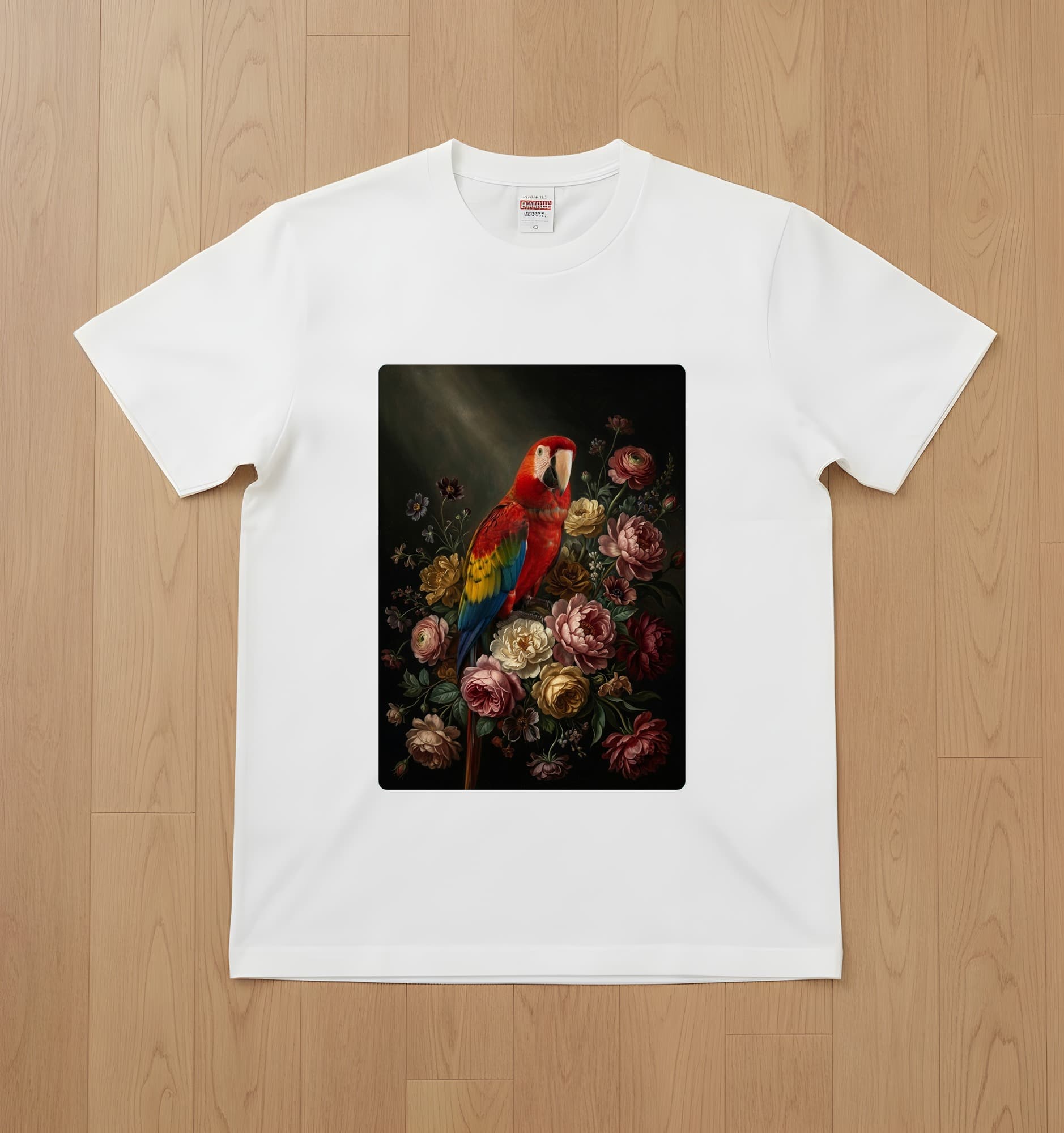 Scarlet Macaw Floral Oil-Painting Floral T-Shirt (White)
