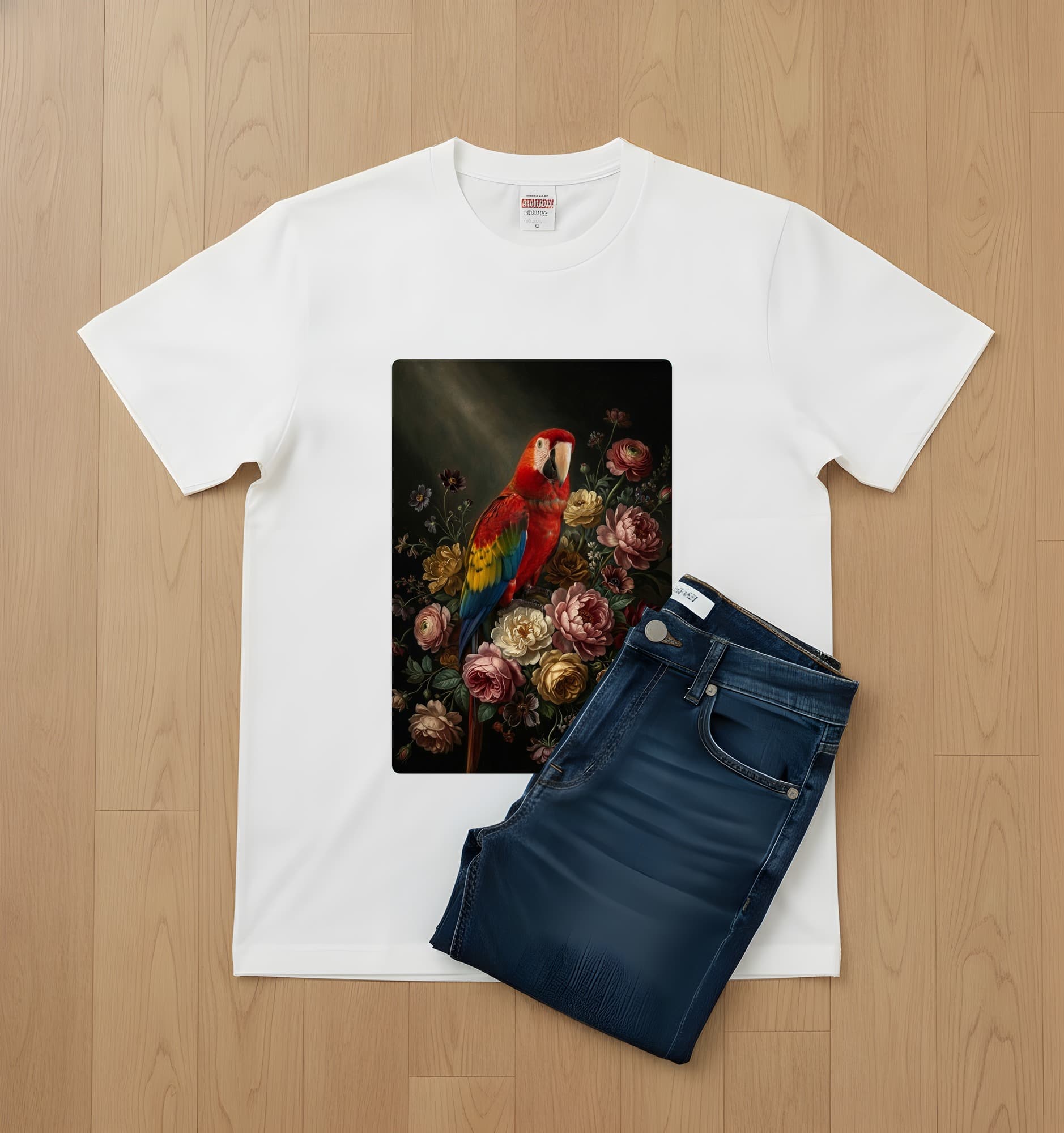 Scarlet Macaw Floral Oil-Painting Floral T-Shirt (White) 2