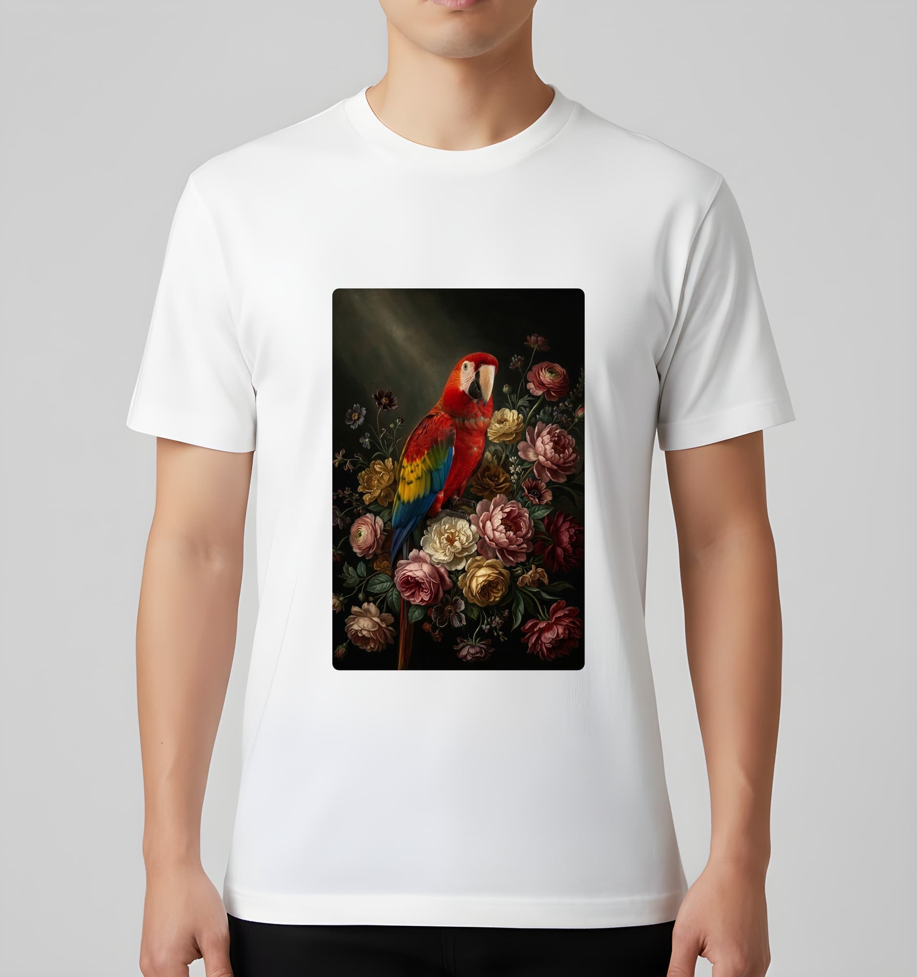 Scarlet Macaw Floral Oil-Painting Floral T-Shirt (White) 3