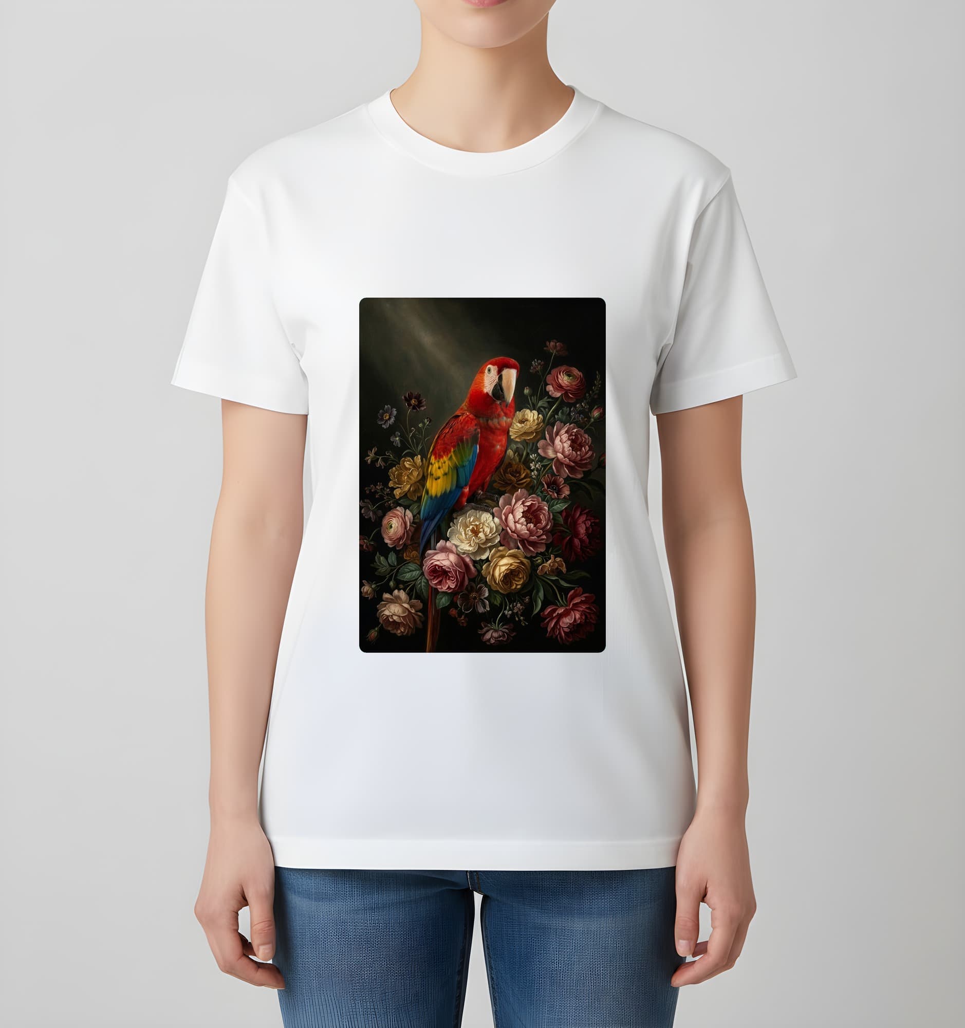 Scarlet Macaw Floral Oil-Painting Floral T-Shirt (White) 4