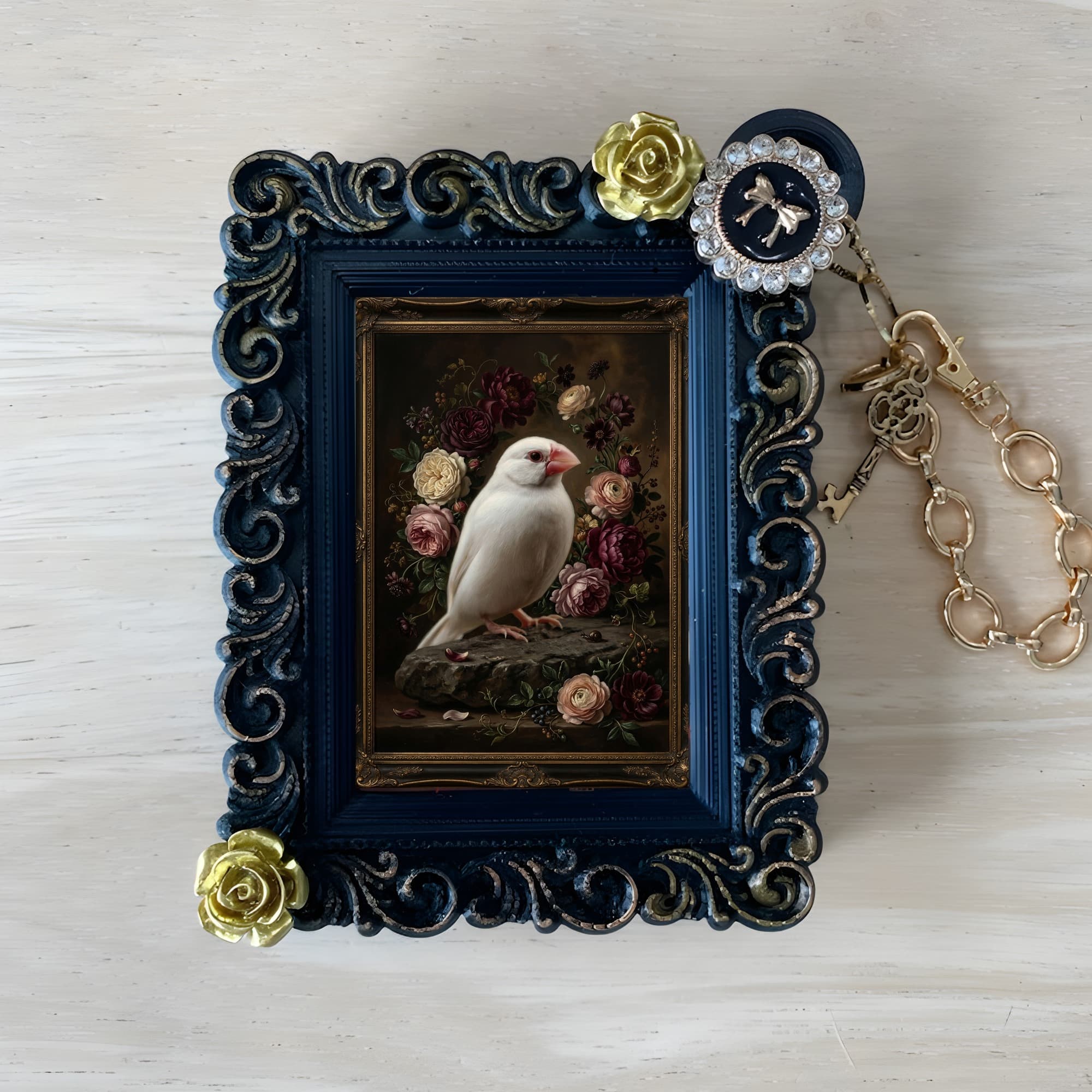 文鳥・ブンチョウの花の油絵風アート花柄バッグチャーム(ブラック)