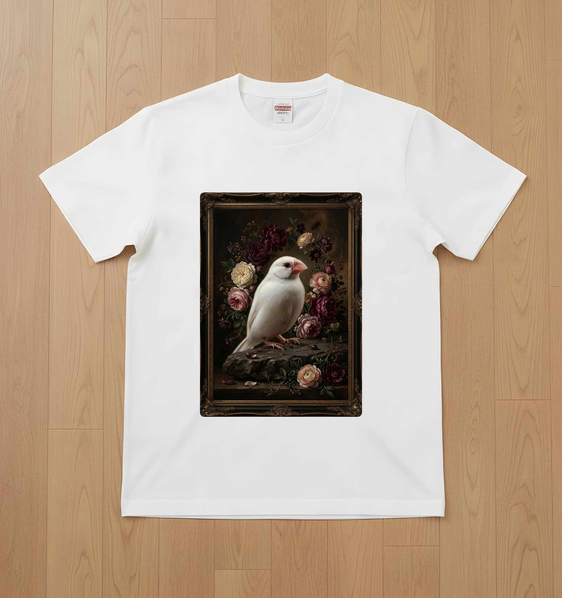 Java sparrow Floral Oil-Painting Floral T-Shirt (White)