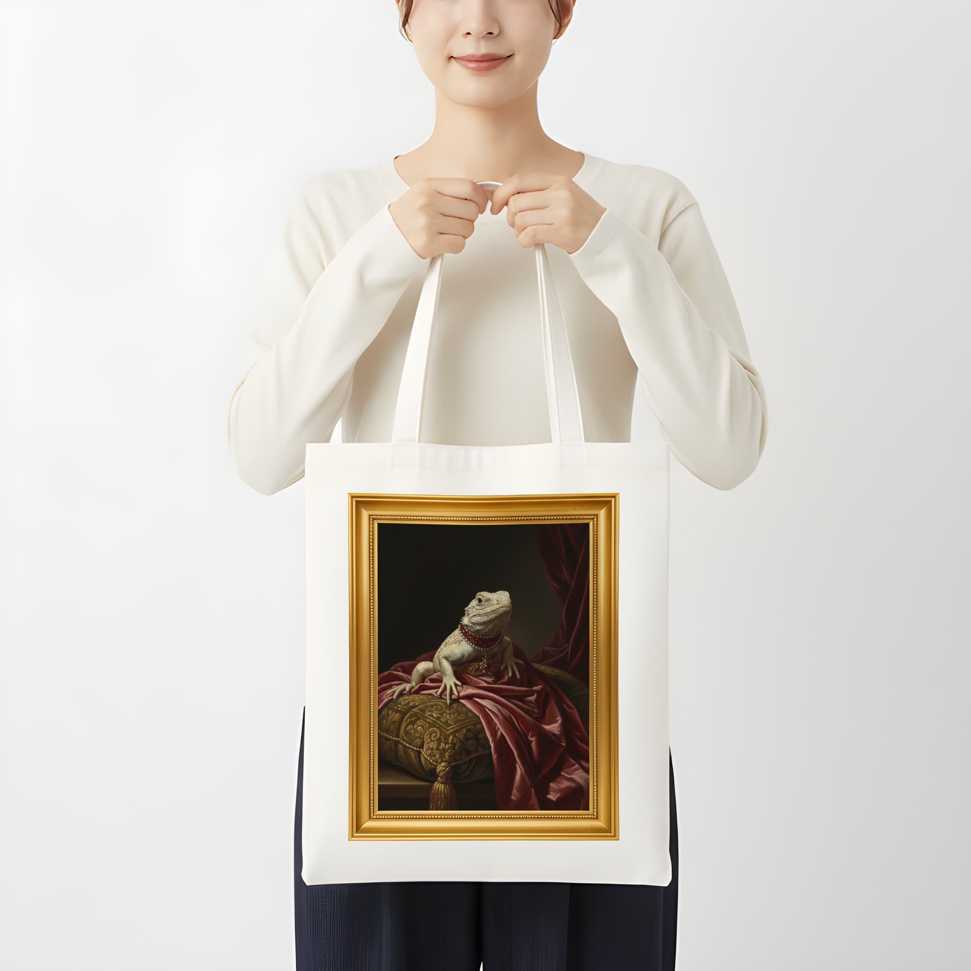 Desert Iguana Renaissance Portrait Tote Bag (Color Print, Framed Design) 3