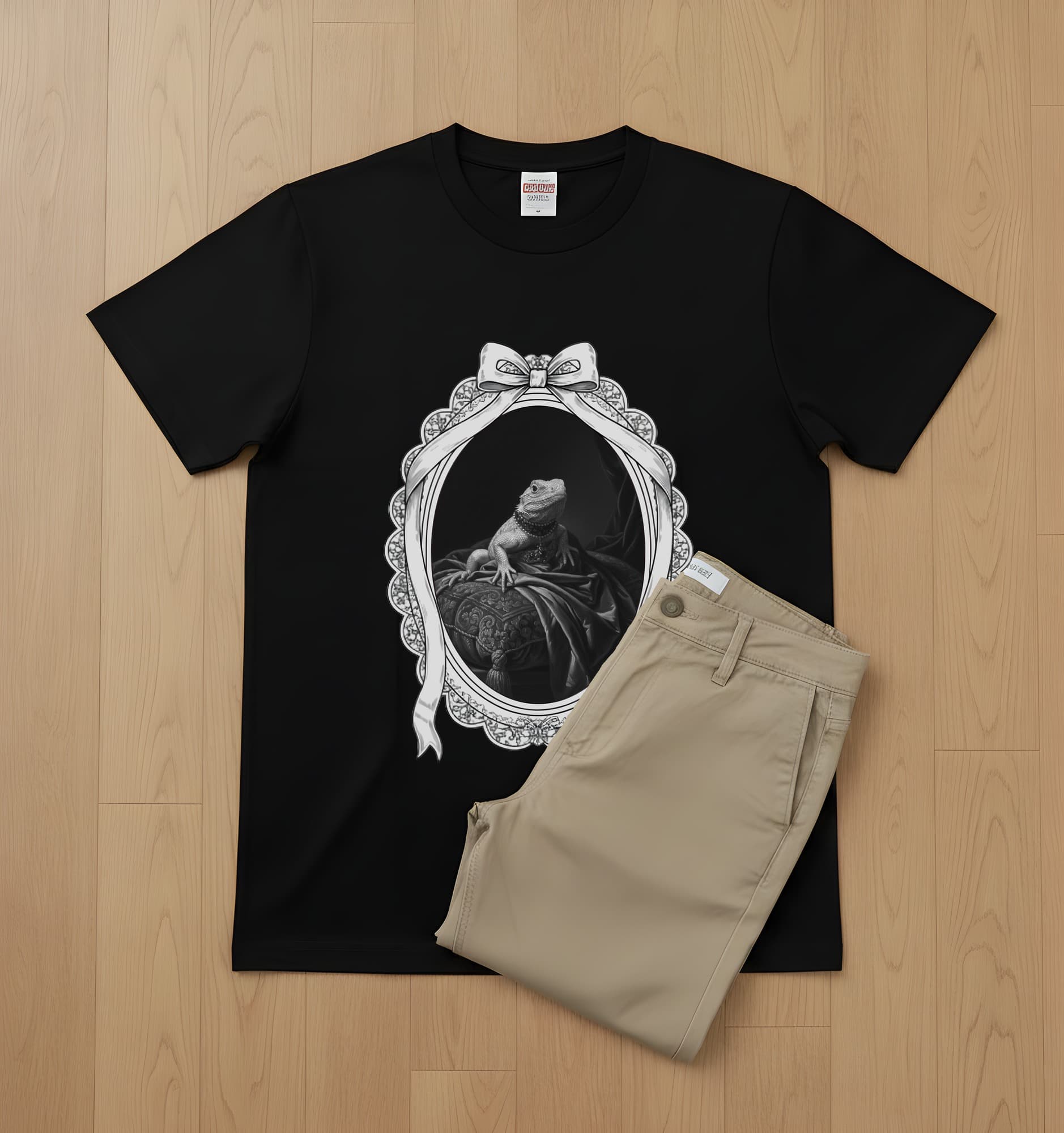 サバクイグアナのルネサンス肖像画Tシャツ(ブラック・モノクロプリント・額縁デザインあり) 3