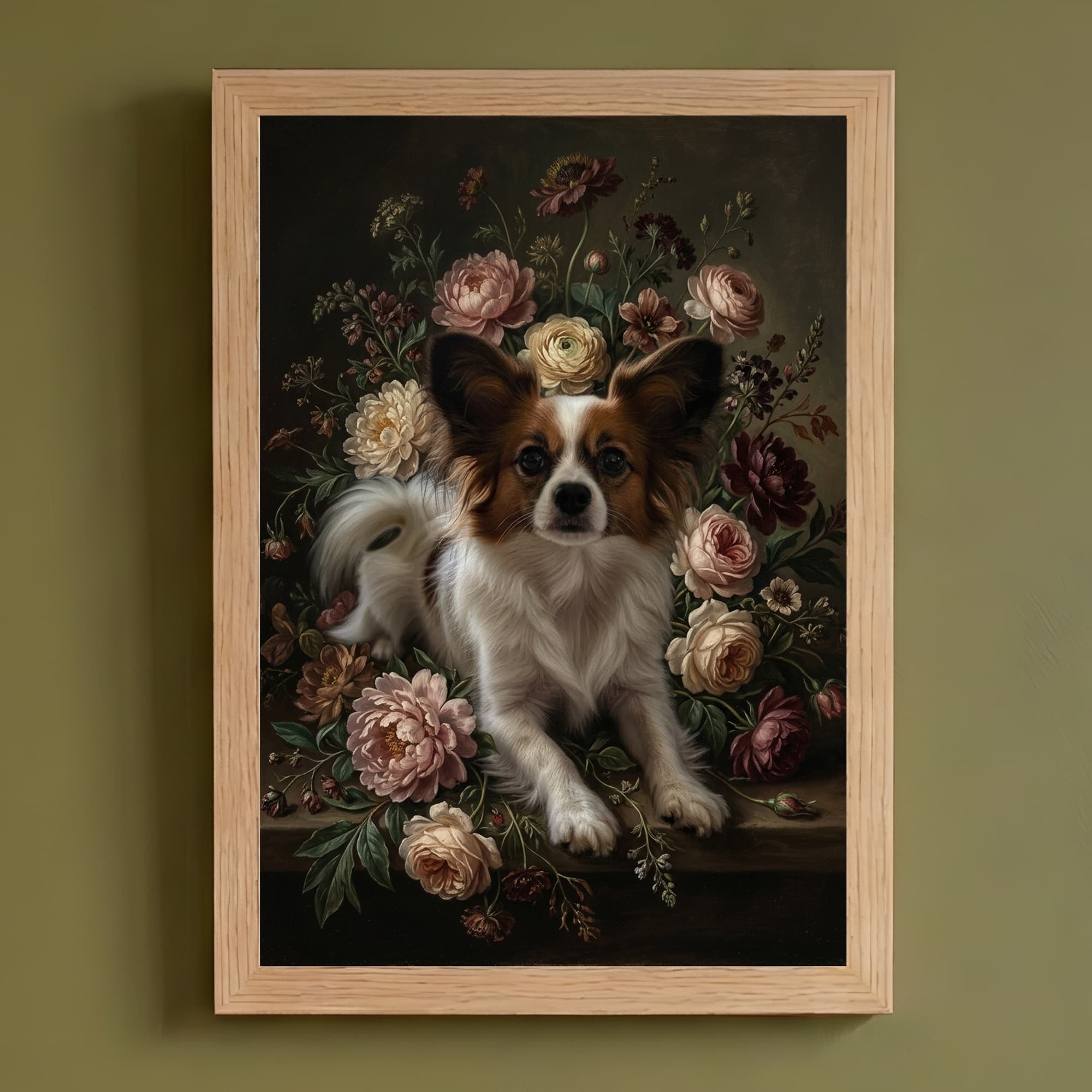パピヨンの花の油絵風アート花柄額装プリント(A4サイズ)