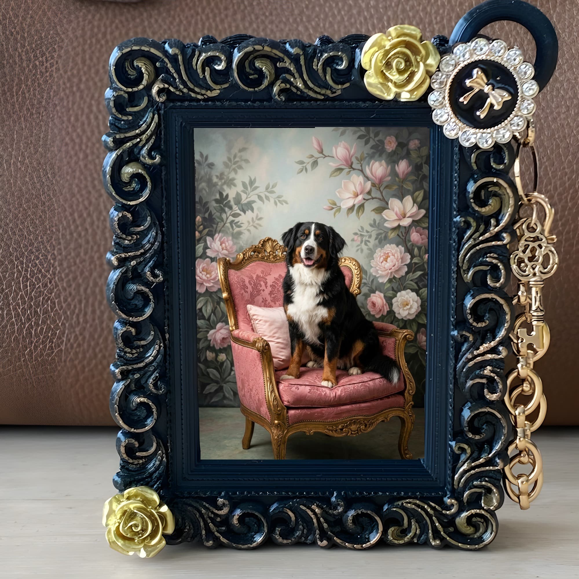 Bernese mountain dog Shabby Pink Oil-Painting Rococo Bag Charm (Black) 2