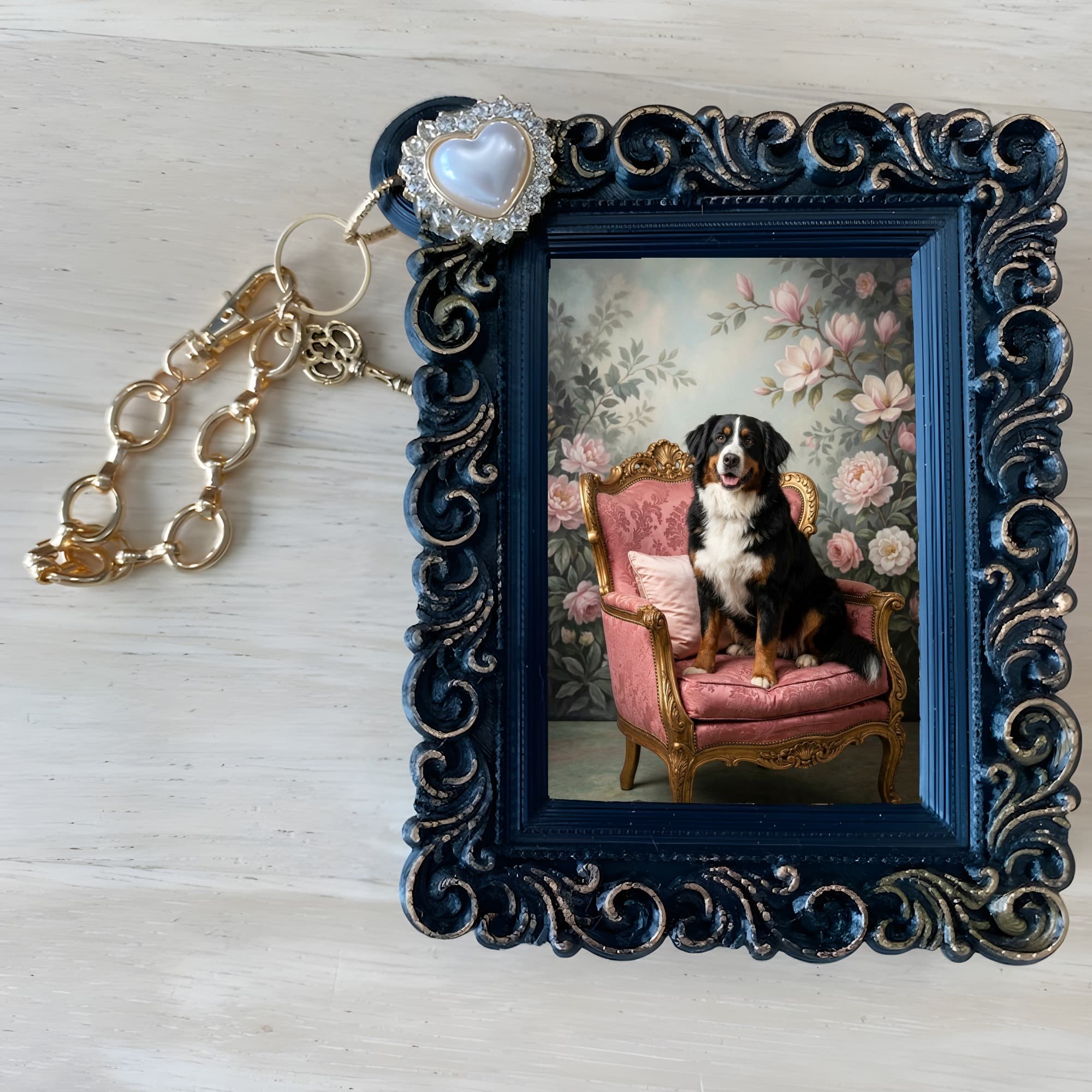 Bernese mountain dog Shabby Pink Oil-Painting Rococo Bag Charm (Black) 4