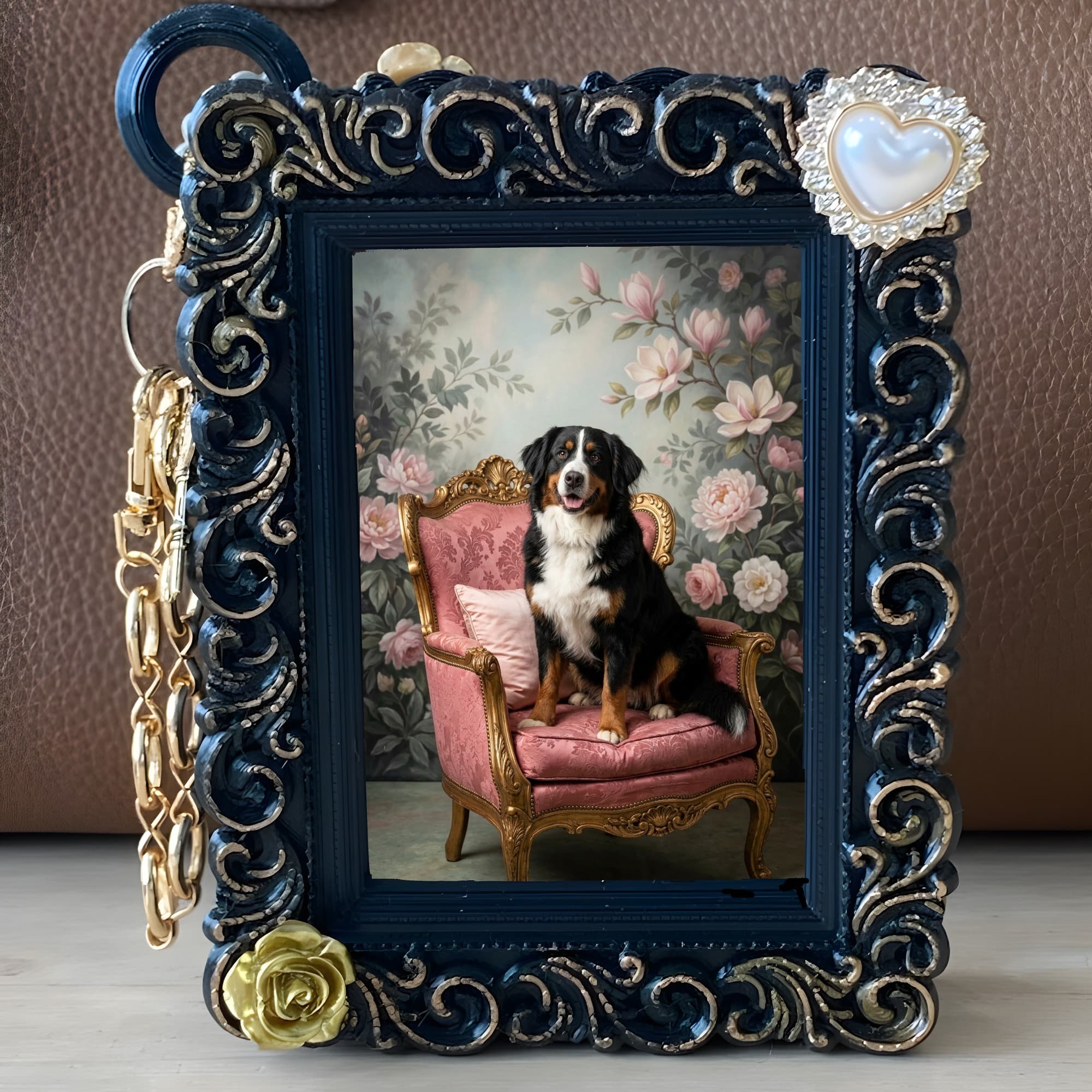 Bernese mountain dog Shabby Pink Oil-Painting Rococo Bag Charm (Black) 5