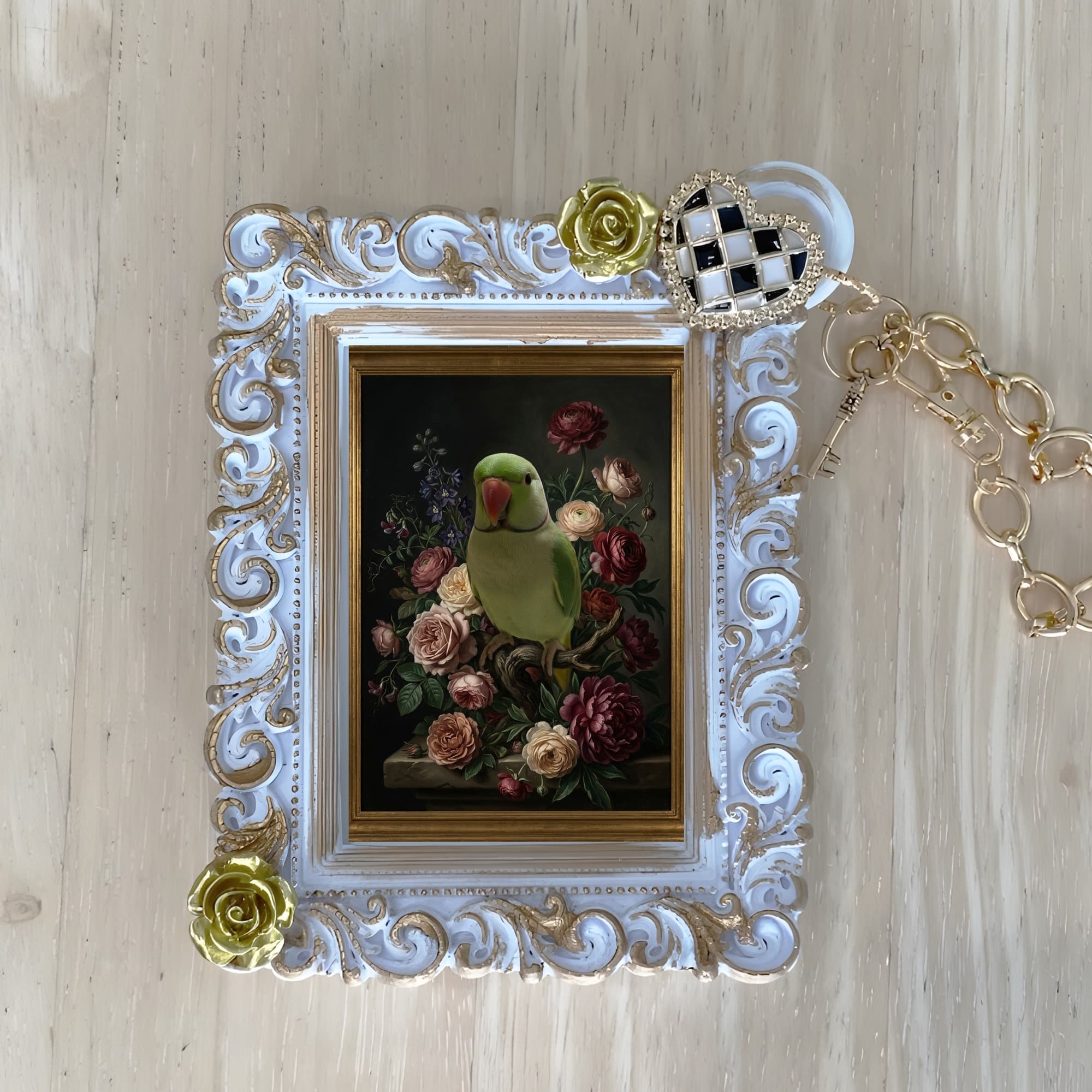 Indian Ringneck Parakeet Floral Oil-Painting Floral Bag Charm (White)