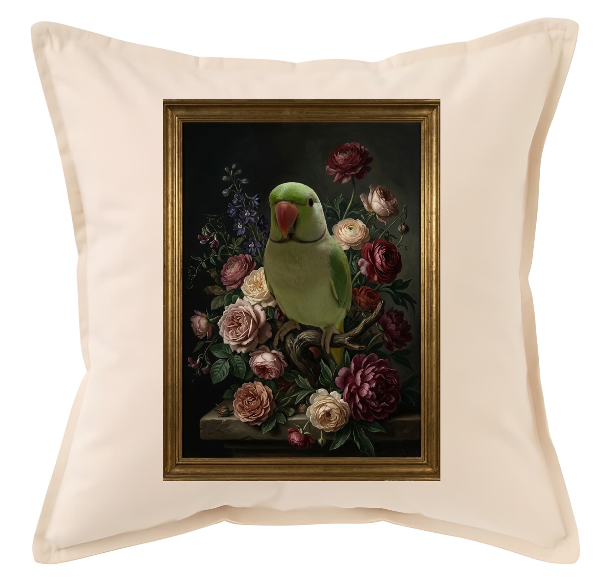 インドオオハナインコの花の油絵風アート花柄クッション
