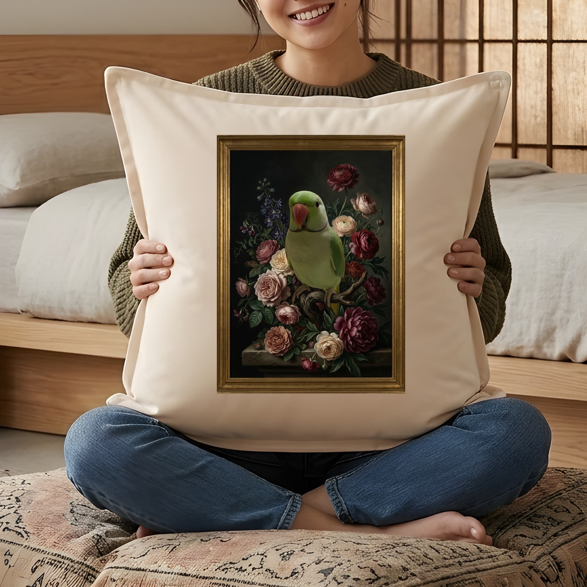 インドオオハナインコの花の油絵風アート花柄クッション 3