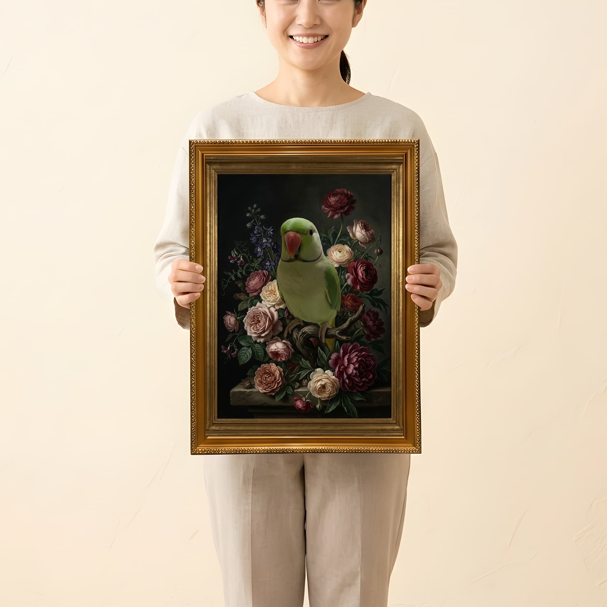 インドオオハナインコの花の油絵風アート花柄額装プリント(A3サイズ) 2