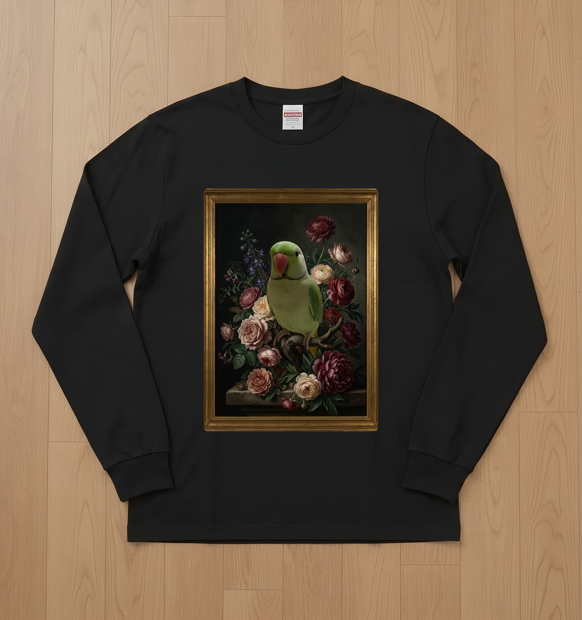 インドオオハナインコの花の油絵風アート花柄長袖Tシャツ(ブラック)