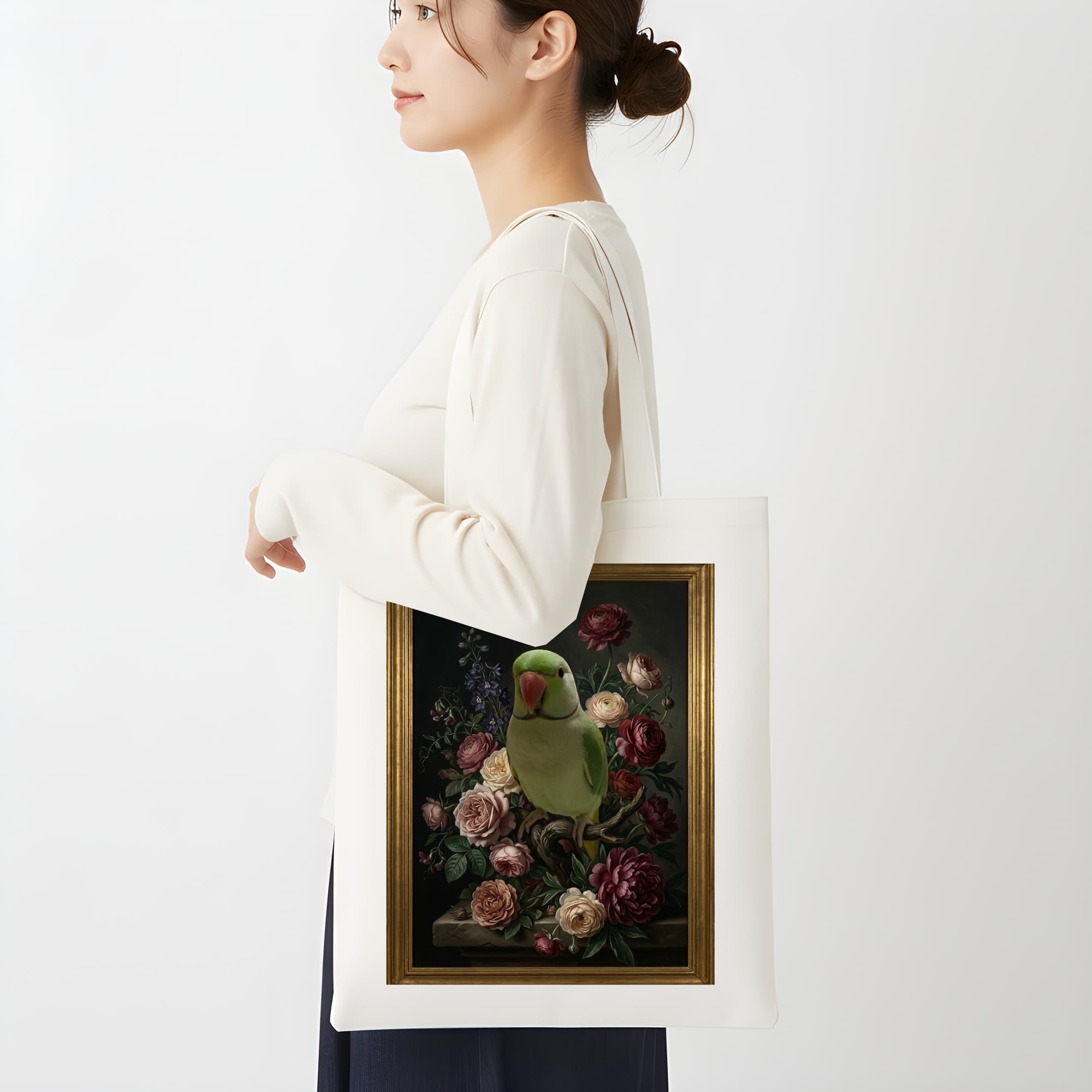 インドオオハナインコの花の油絵風アート花柄トートバッグ 2