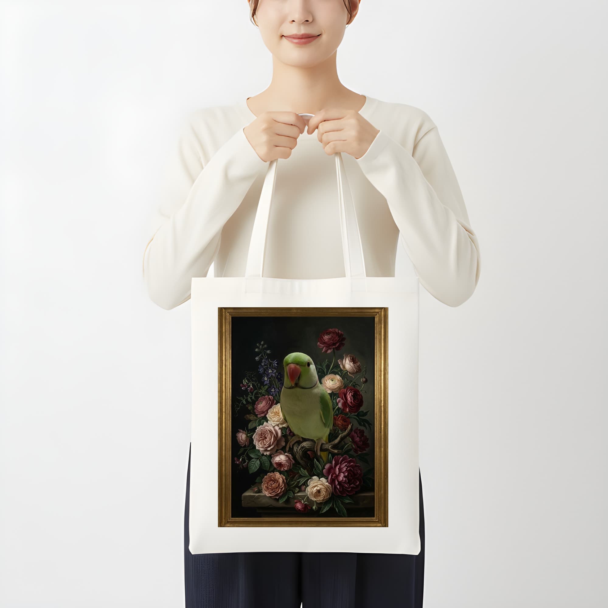 インドオオハナインコの花の油絵風アート花柄トートバッグ 3