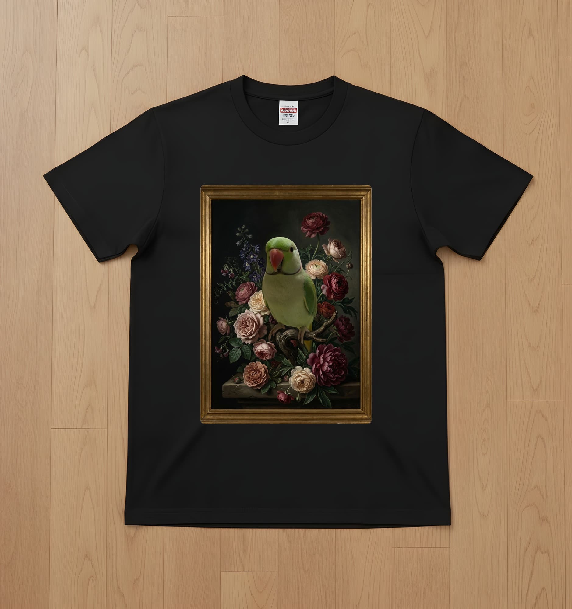 インドオオハナインコの花の油絵風アート花柄Tシャツ(ブラック)
